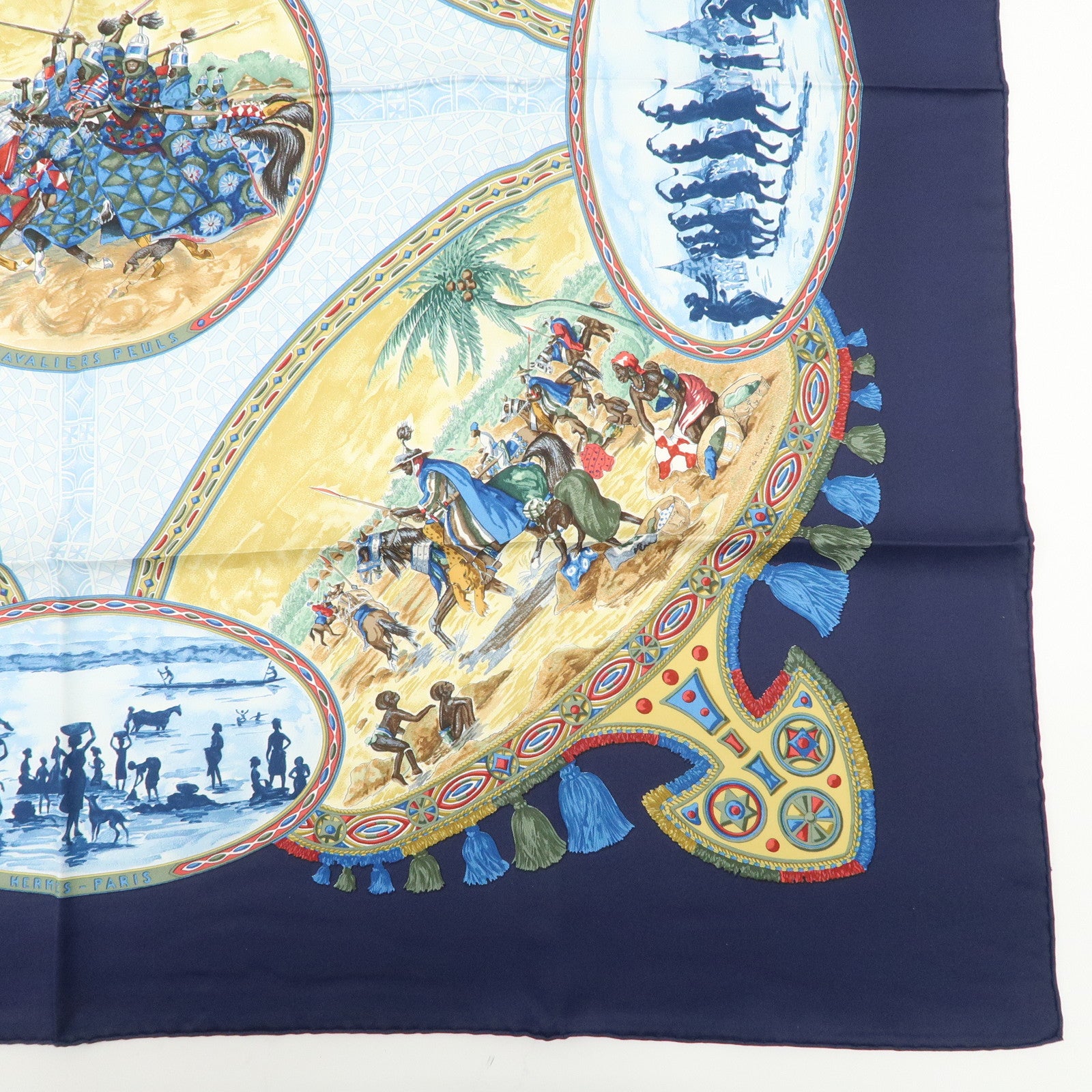 HERMES Carre 90 Silk 100%  Scarf CAVALIERS PEULS Navy Blue