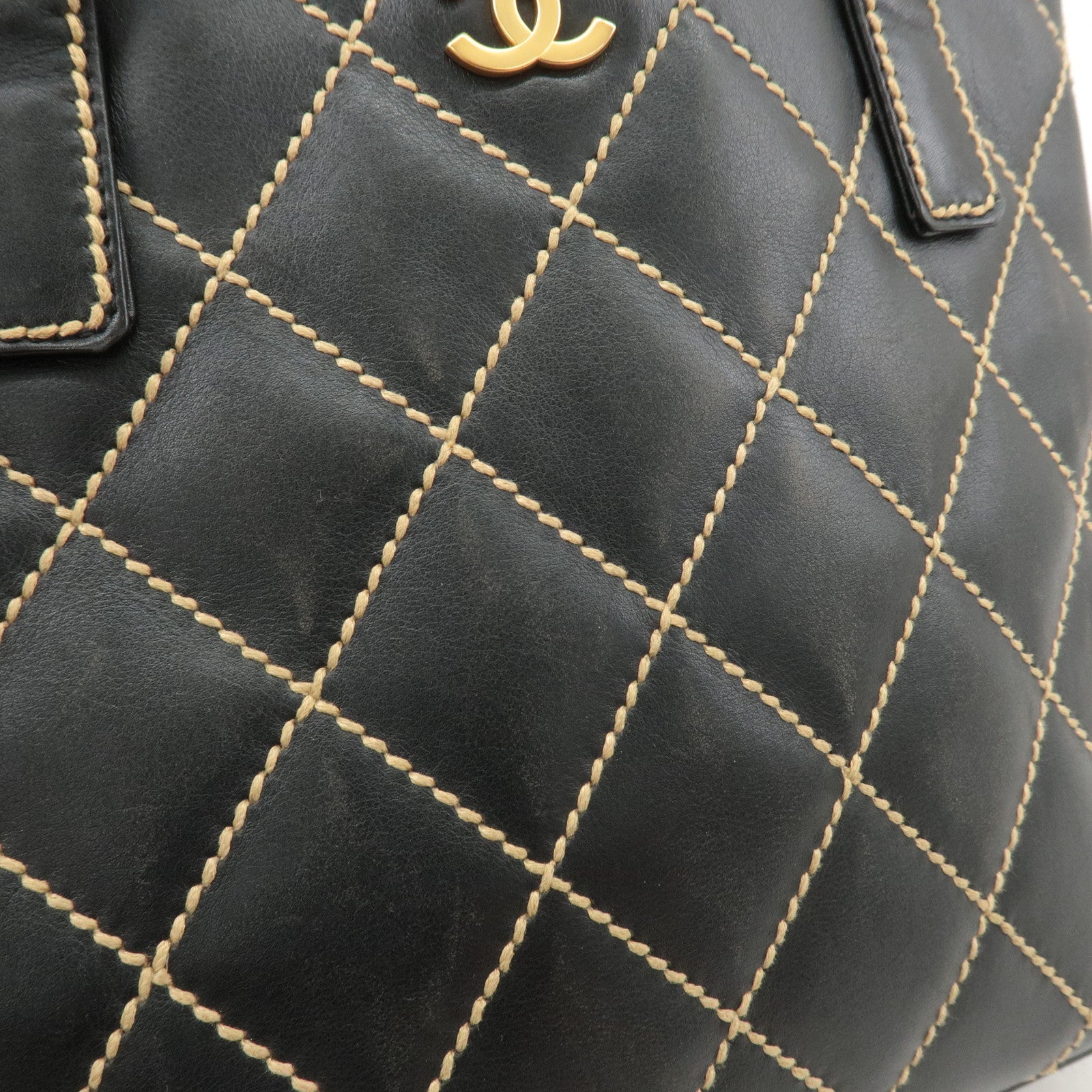 CHANEL Wild Stitch Leather Tote Bag Hand Bag Black