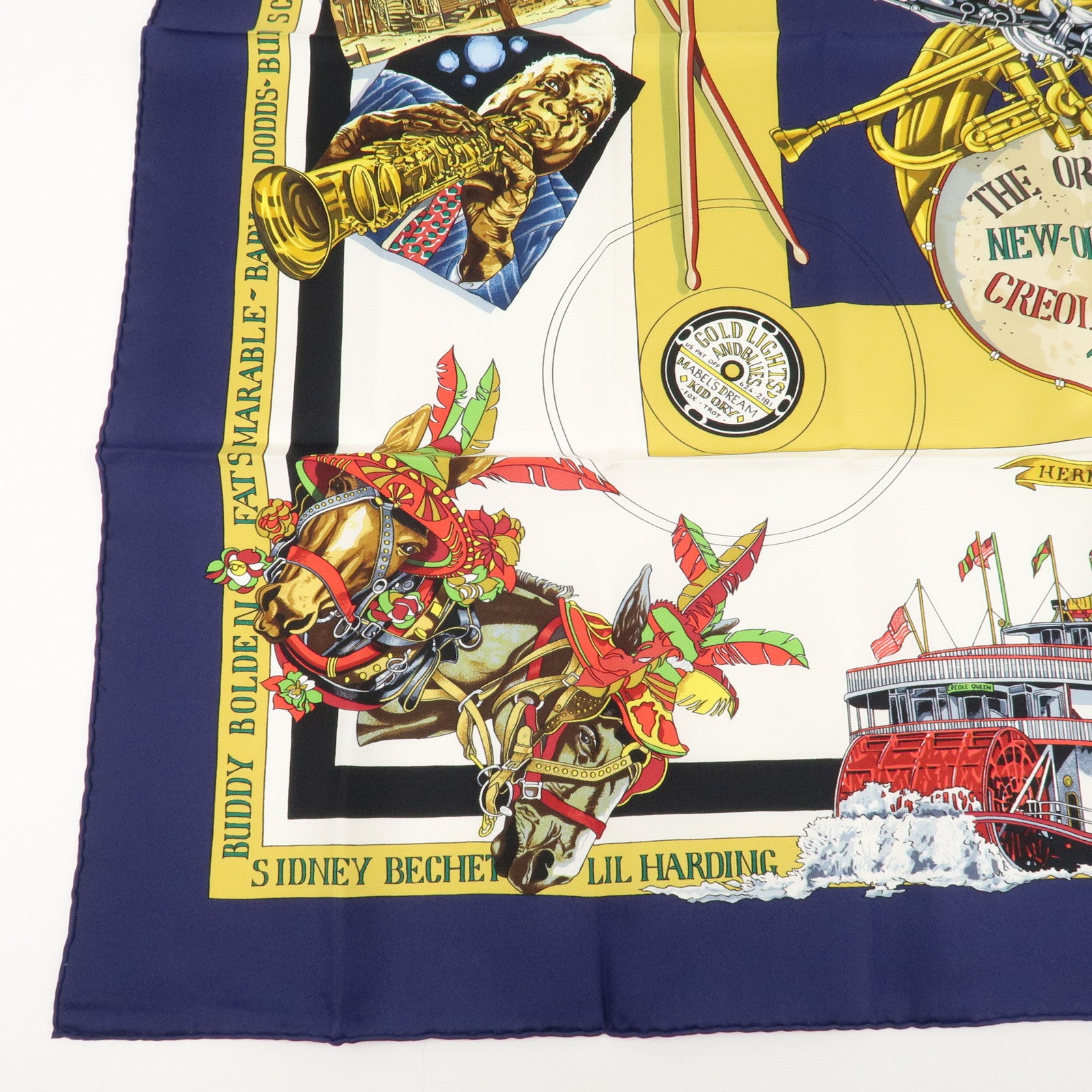 HERMES Carre90 Silk100% Scarf THE ORIGINAL NEW ORLEANS CREOLE JAZZ Used