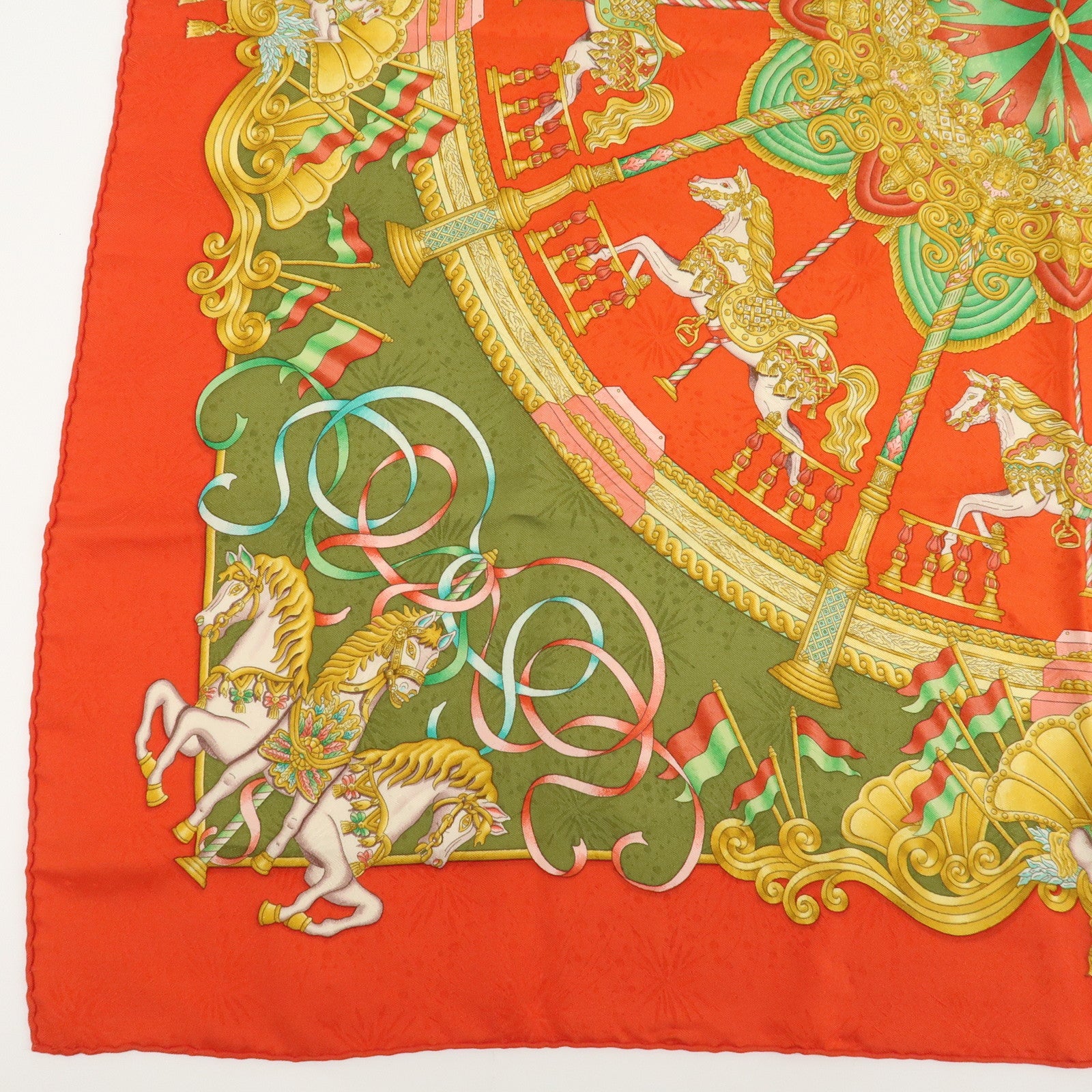 HERMES Carre 90 Silk 100% Scarf Luna Park Red Gold Green Used