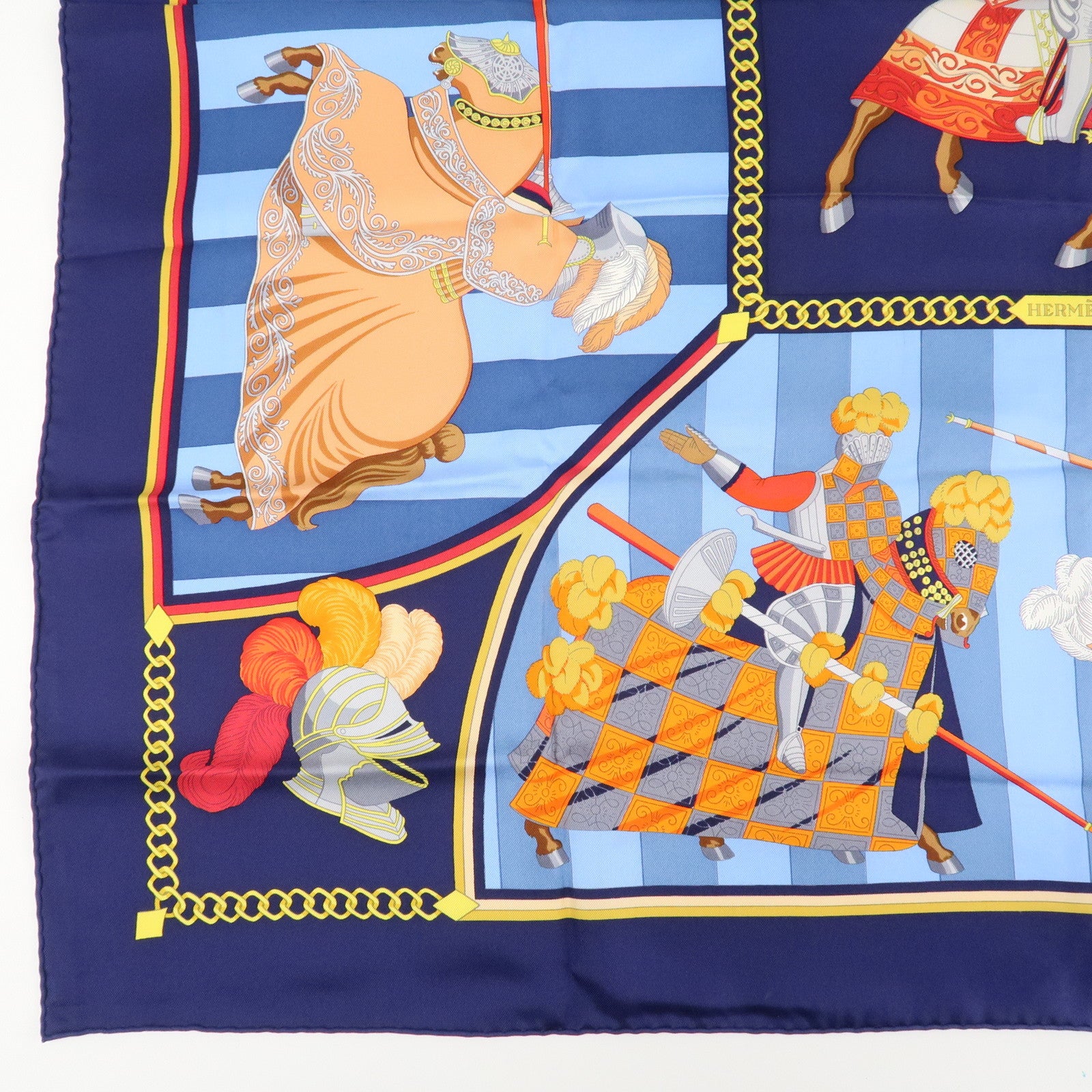 HERMES Carre 90 Silk 100% Scarf CHOCS EN PLUMES Navy Blue Red Used