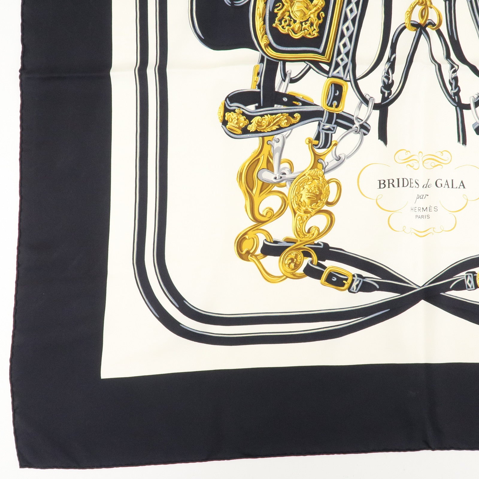 HERMES Silk 100% Carre 90 Scarf BRIDES de GALA Ivory Navy Gold Used