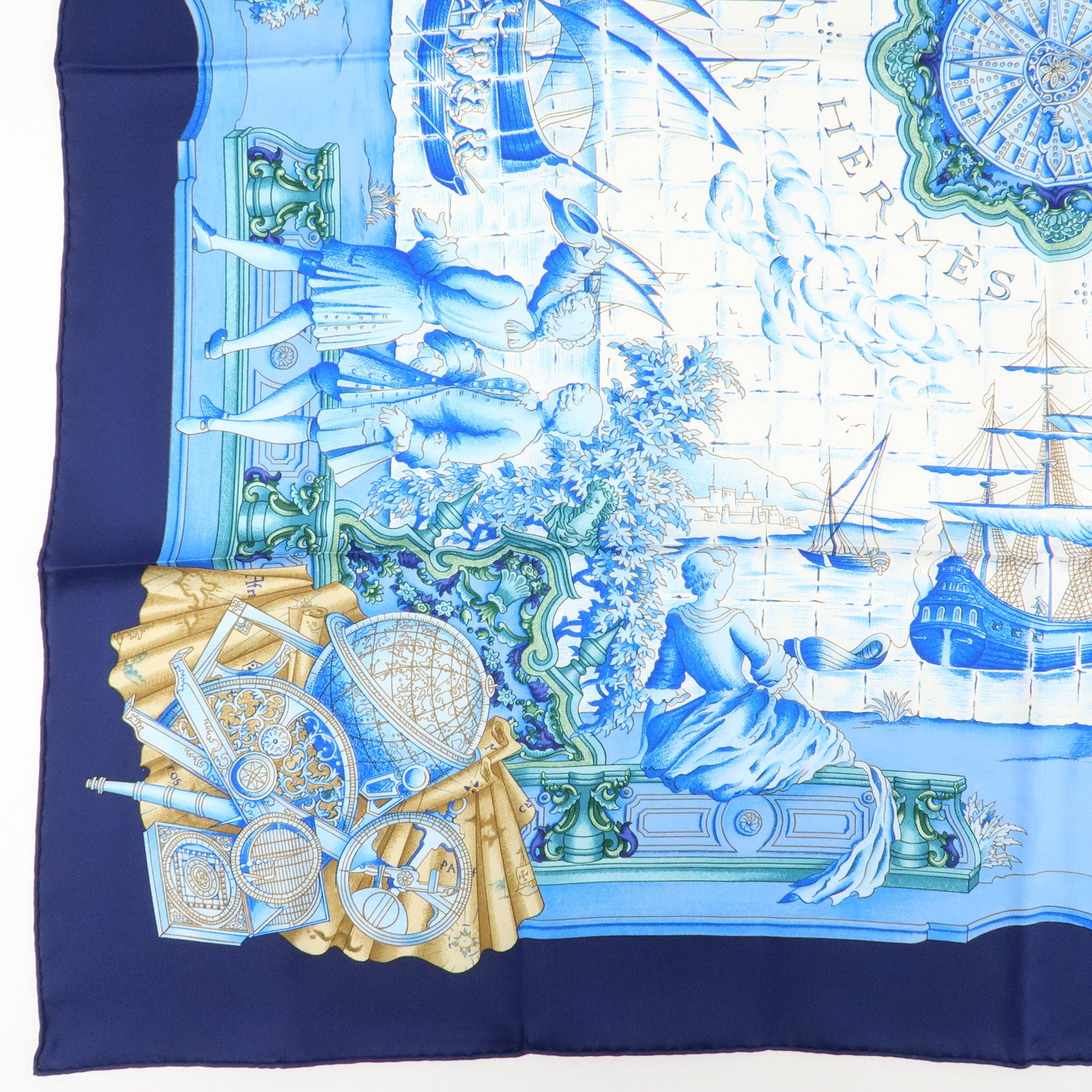 HERMES Silk 100% Carre 90 Scarf AZVLEJOS Blue Used