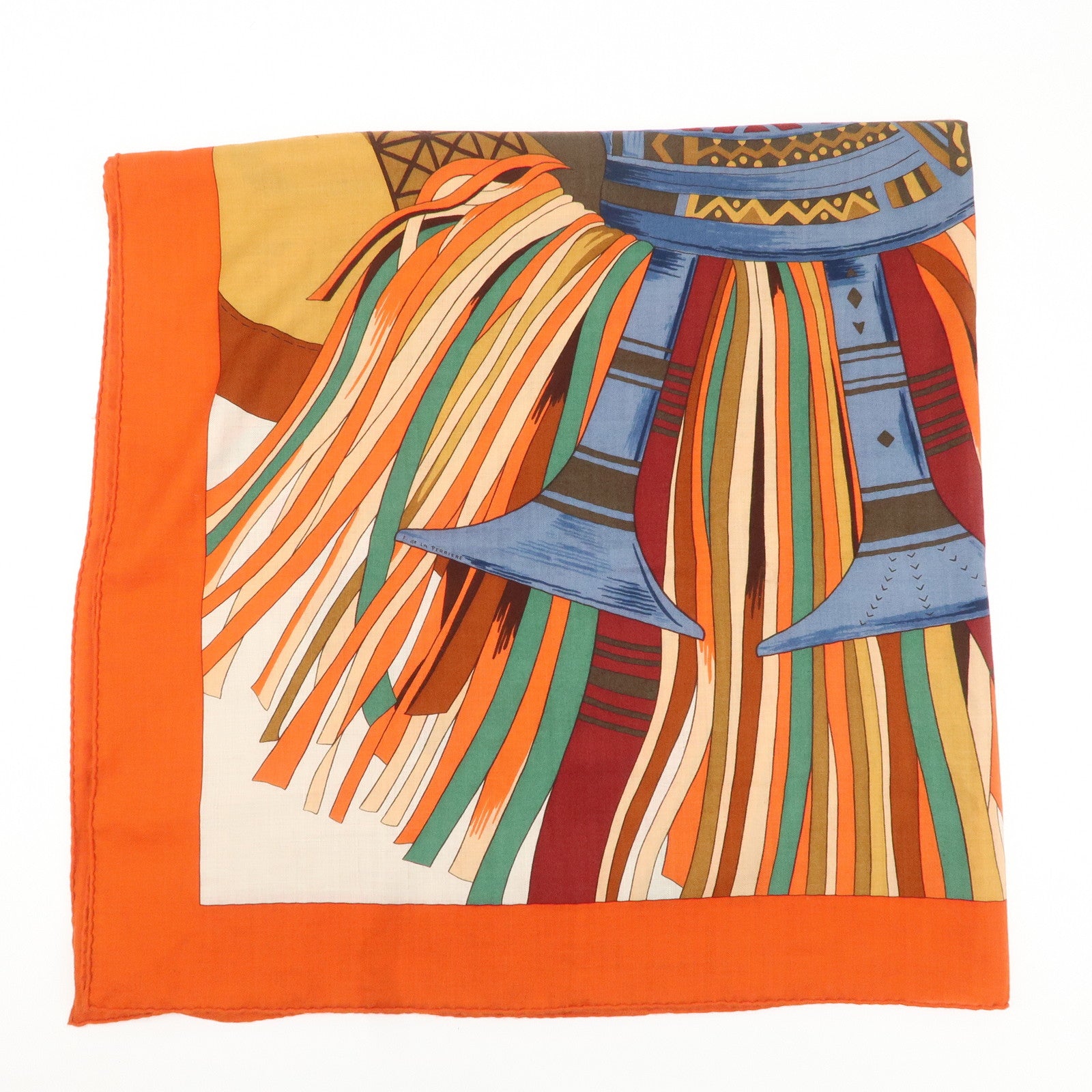 HERMES Carre 140 Cashmere Silk Scarf CUIRS DU DESERT Orange Used