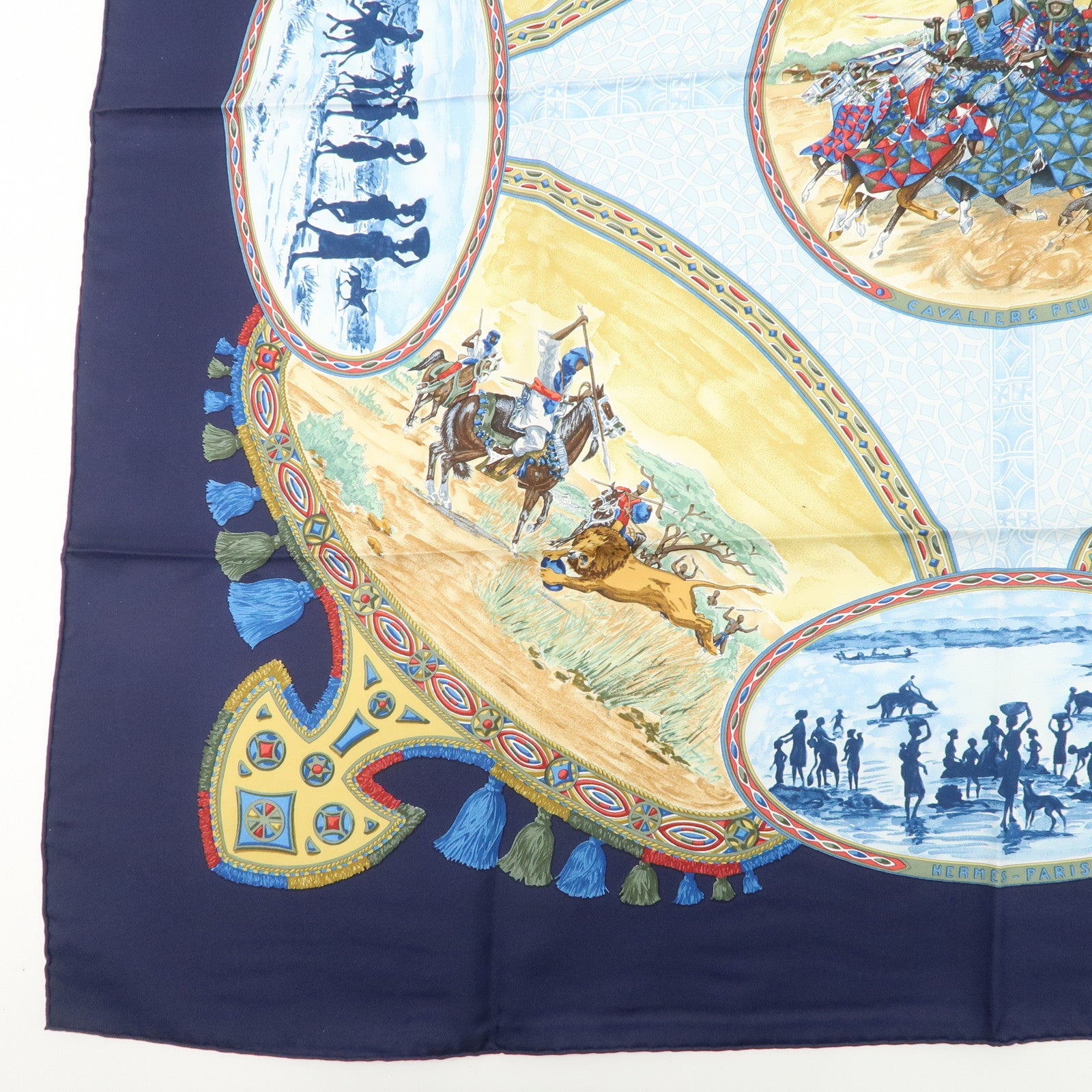 HERMES Carre 90 Silk 100%  Scarf CAVALIERS PEULS Navy Blue