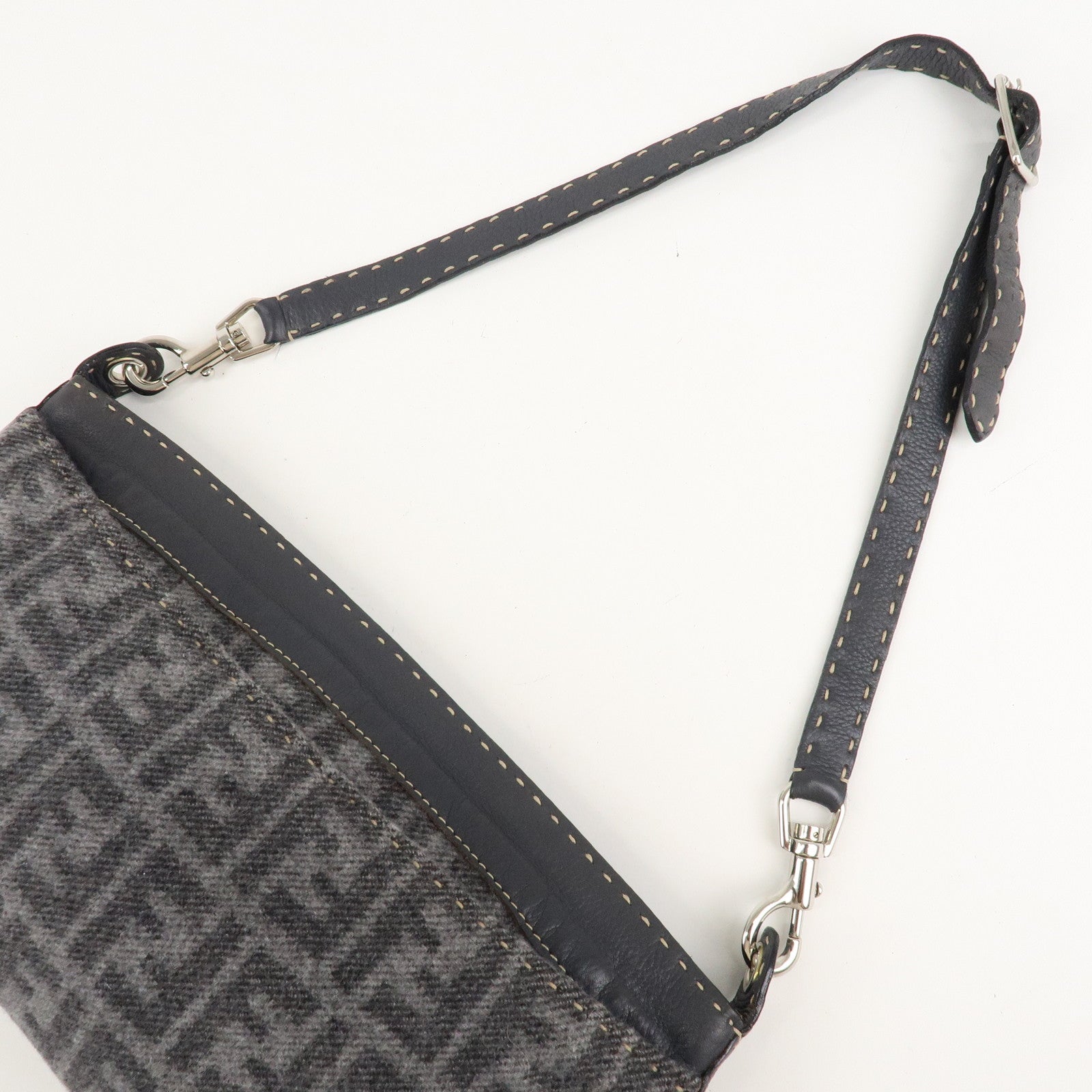 FENDI Zucca Selleria Wool Shoulder Bag Gray Silver Hardware Used