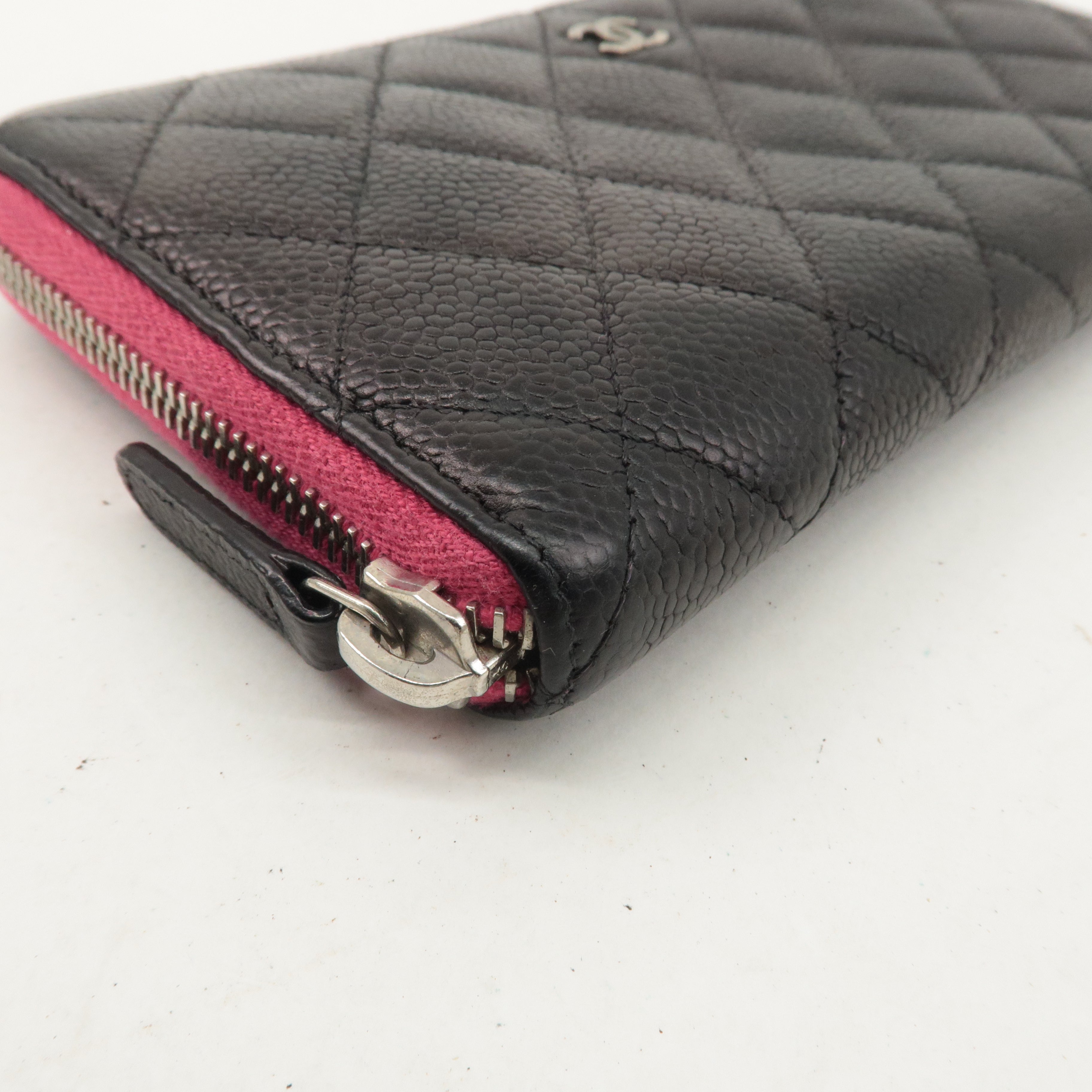 CHANEL Caviar Skin Zip Round Long Wallet Black Pink