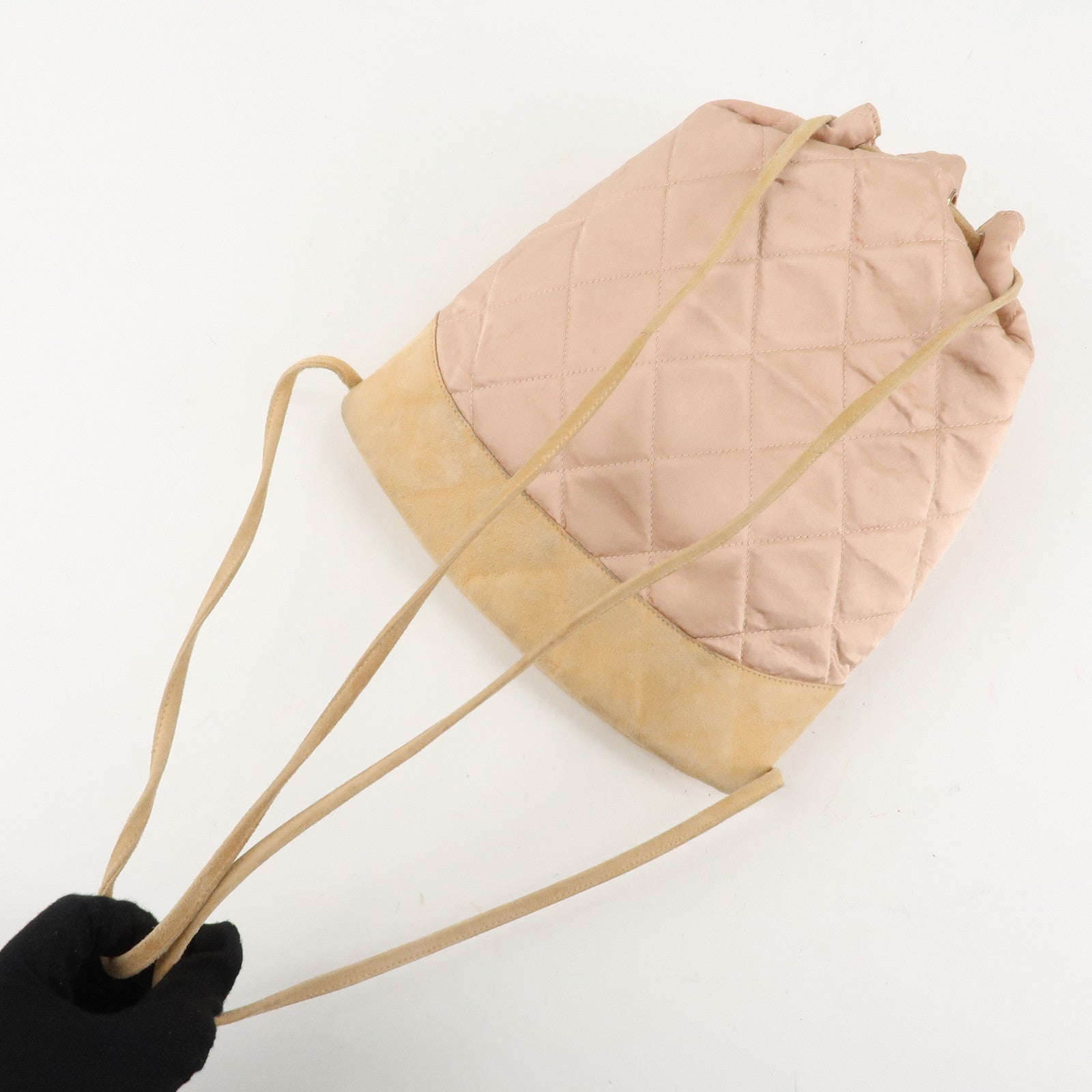 CHANEL Matelasse Satin Suede Back Pack Ruck Sack Pink Beige