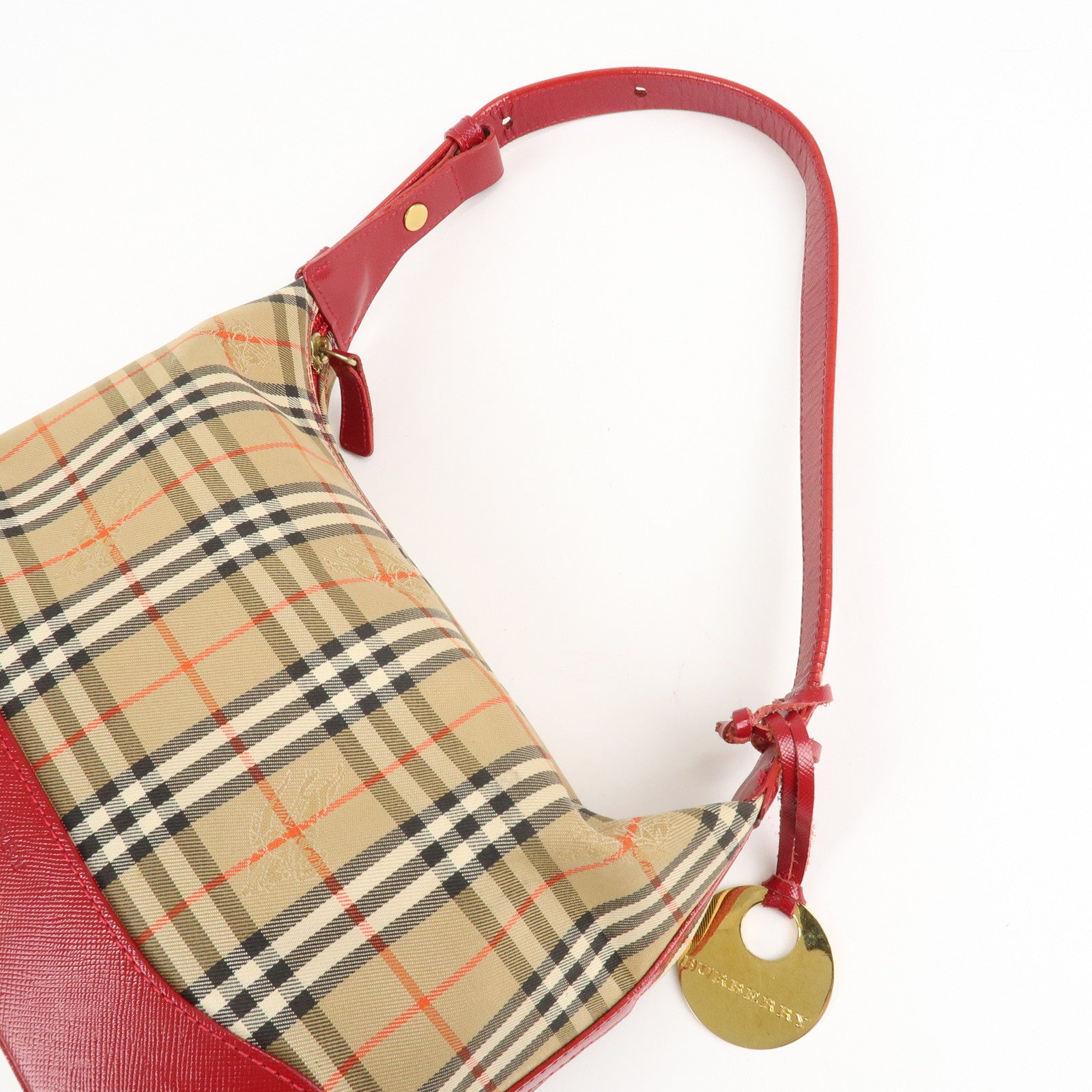 BURBERRY Nova Plaid Canvas Leather Shoulder Bag Hand Bag Red