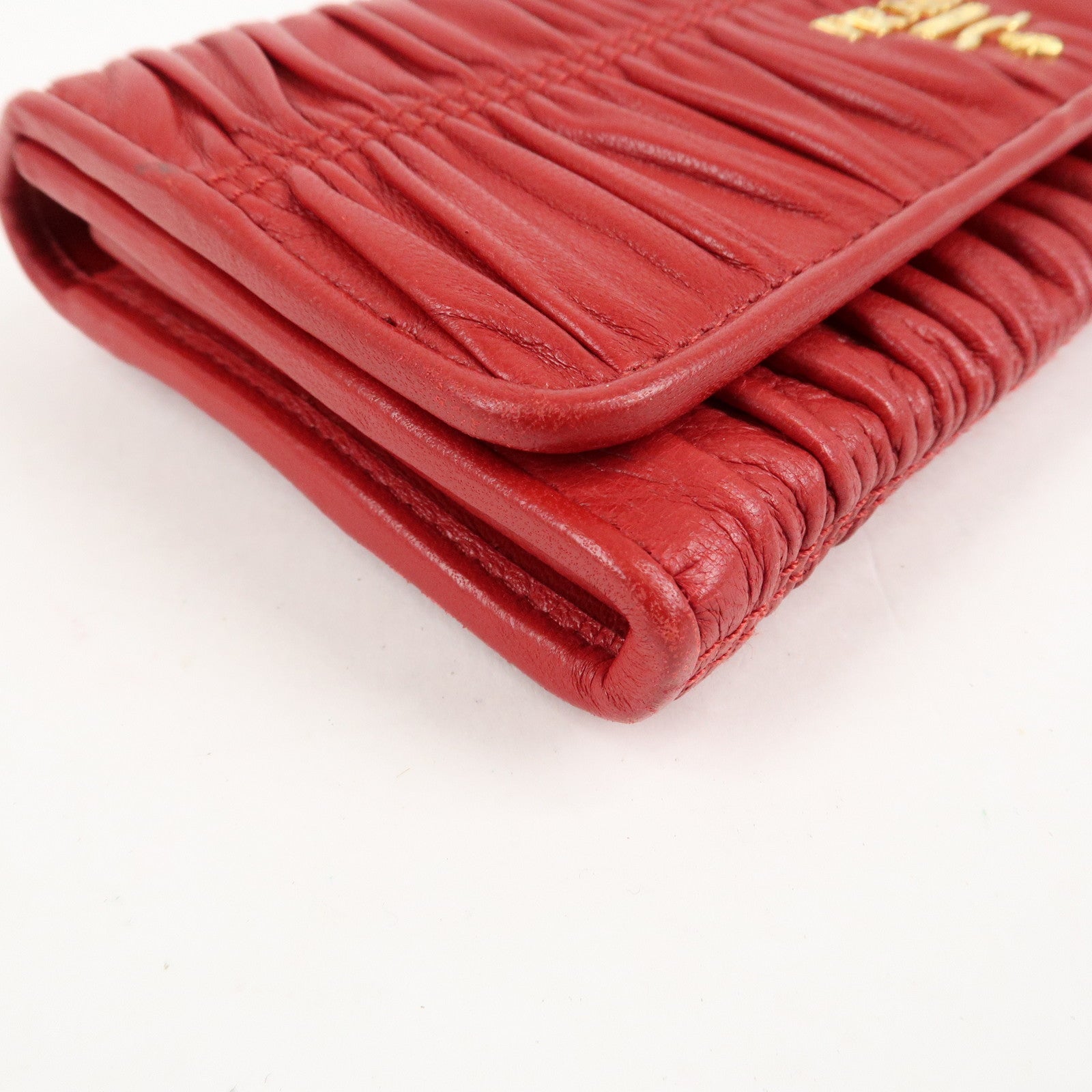 PRADA Logo Leather Bi-Fold Long Wallet Red Gold Hardware