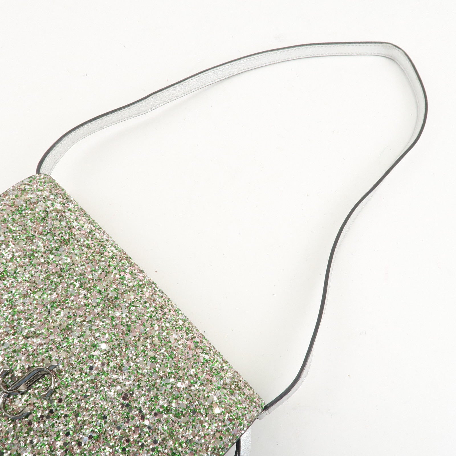 JIMMY CHOO Glitter Leather Shoulder Wallet Bag Green Silver