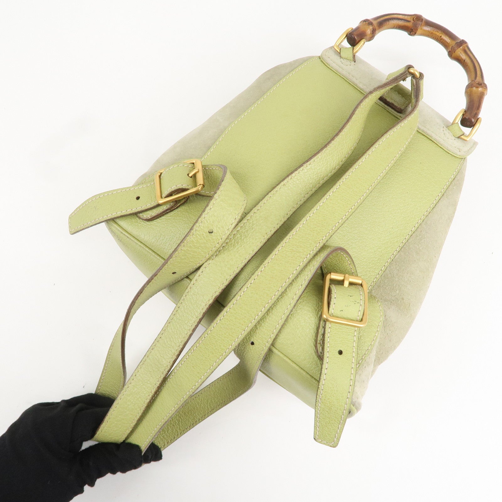 GUCCI Bamboo Suede Leather Backpack Light Green 003.1956.0030