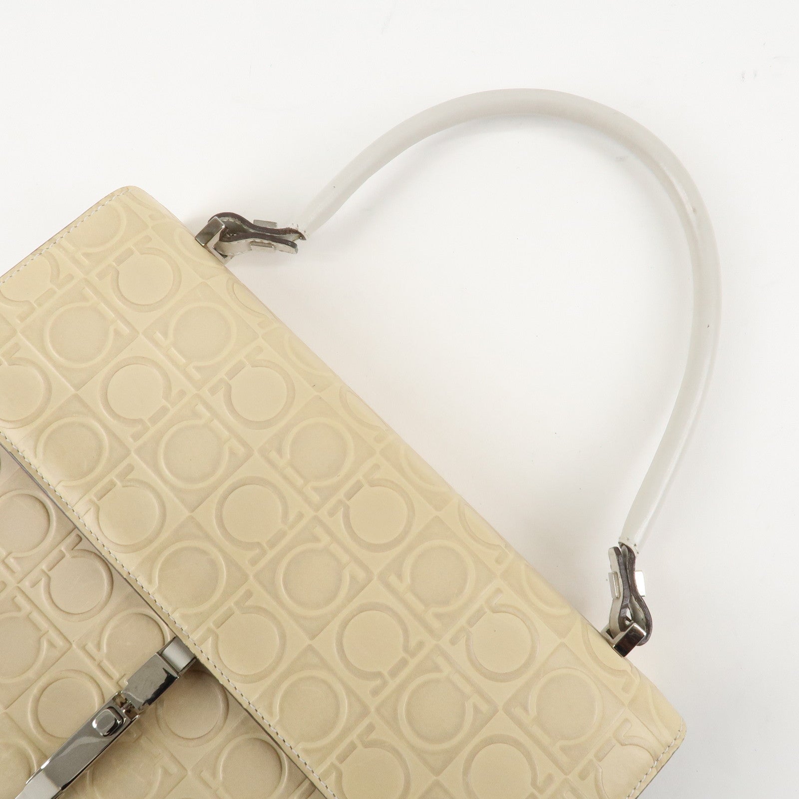 Ferragamo Gancini Pattern Leather Hand Bag Ivory