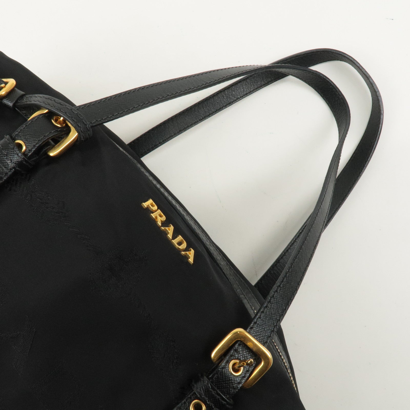 PRADA Logo Nylon Leather Tote Bag Shoulder Bag Black BL0600