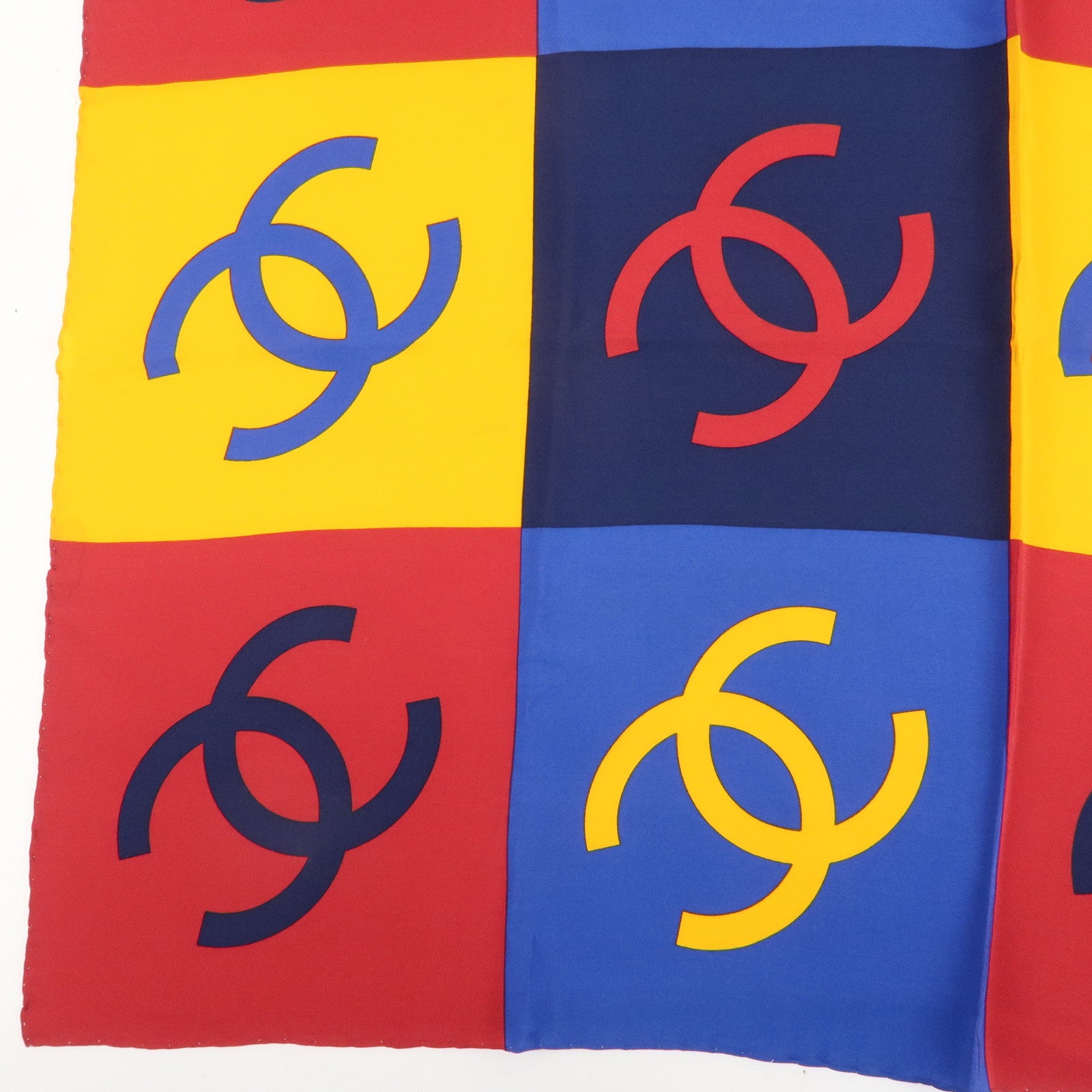 CHANEL 100% Silk Scarf 90×90 Blue Yellow Red