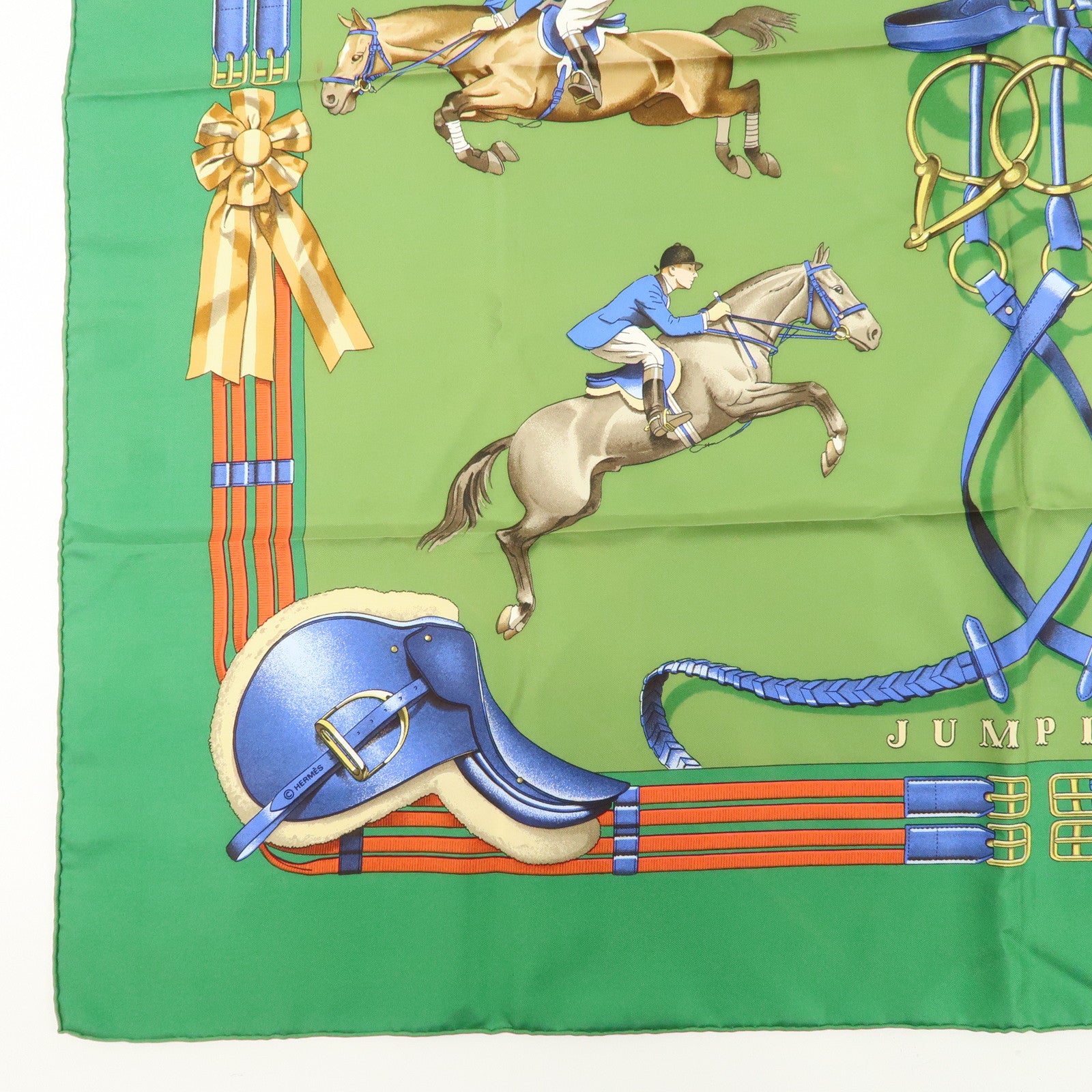 HERMES Carre 90 100% Silk Scarf JUMPING Riding Horse Green