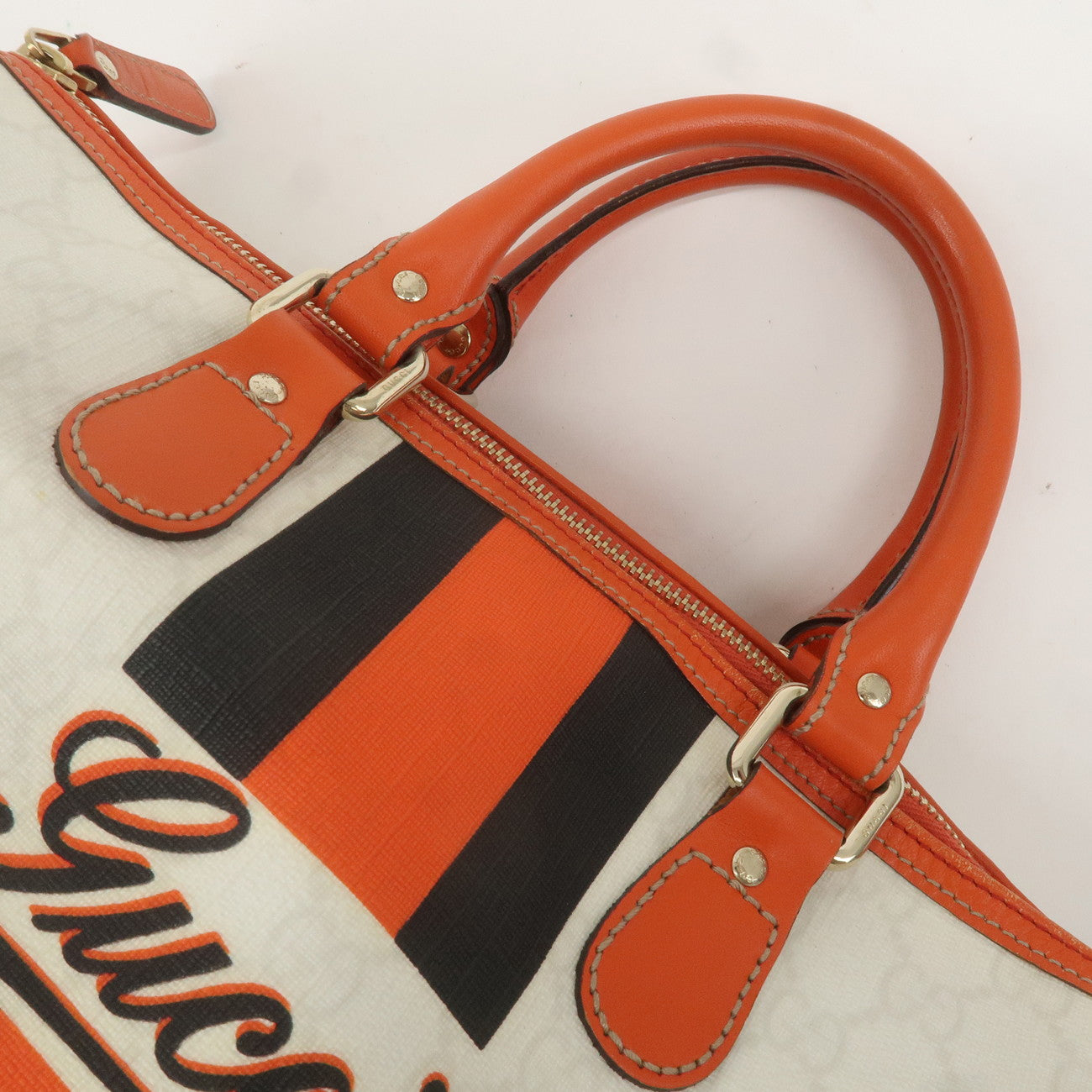 GUCCI Joyline GG Supreme Leather Boston Bag Orange Ivory 189895