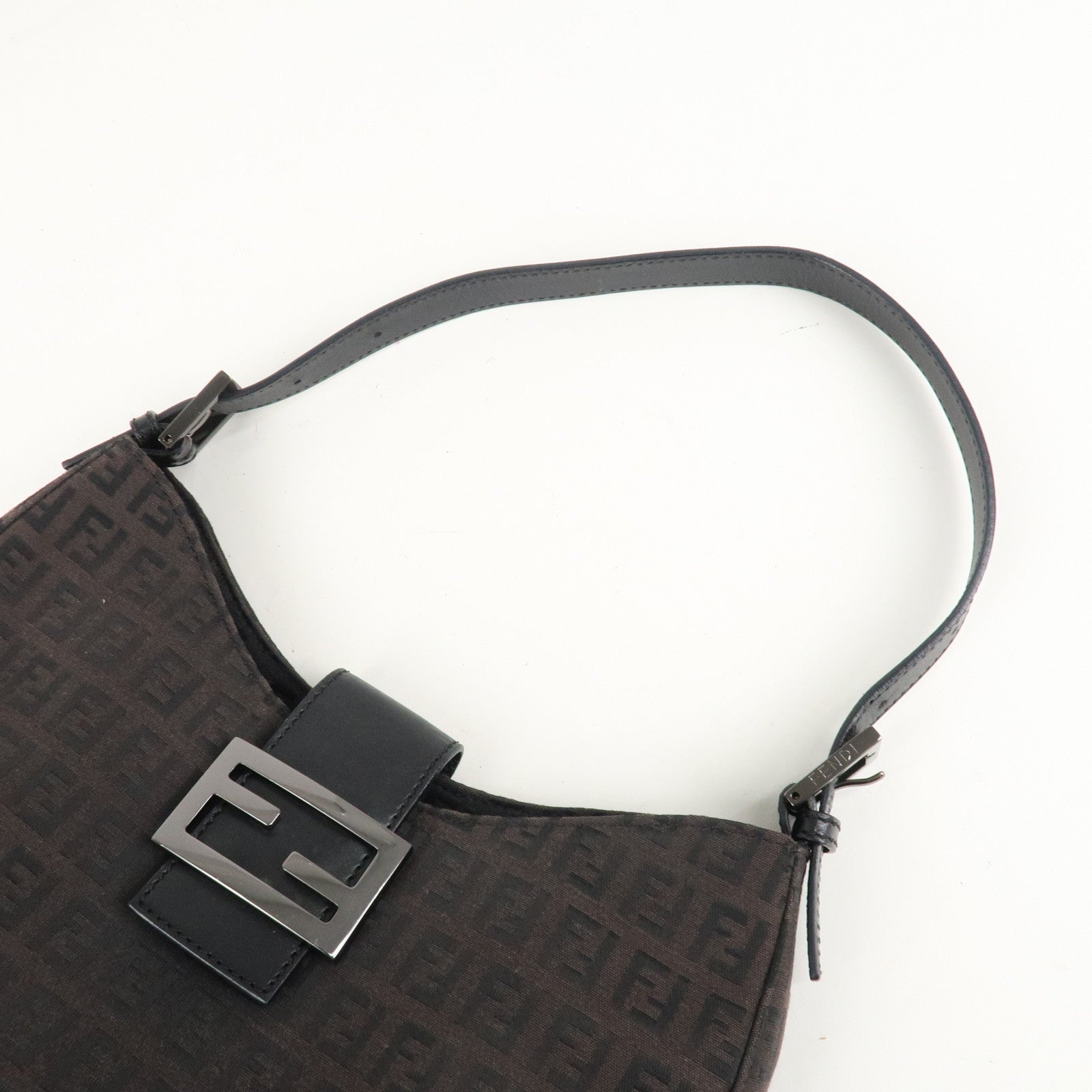 FENDI Zucchino Canvas Leather Shoulder Bag Brown Black 8BR036