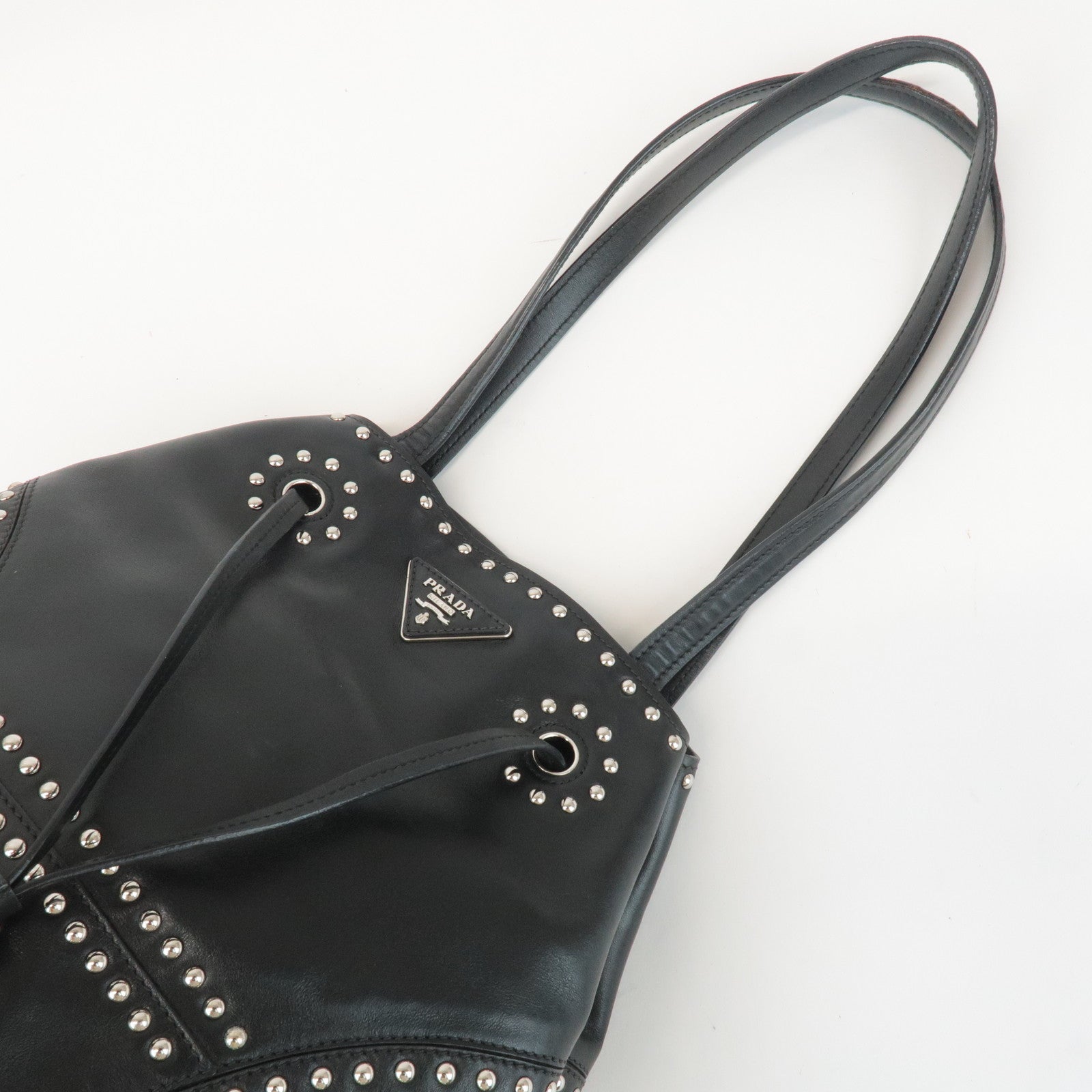 PRADA Calf Leather Drawstring Shoulder Bag Studs Tassel B5061M Used