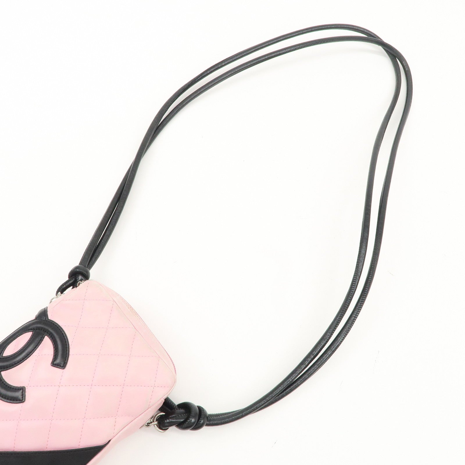 CHANEL Cambon Lamb Skin Small Pochette Pink Black A25177 Used