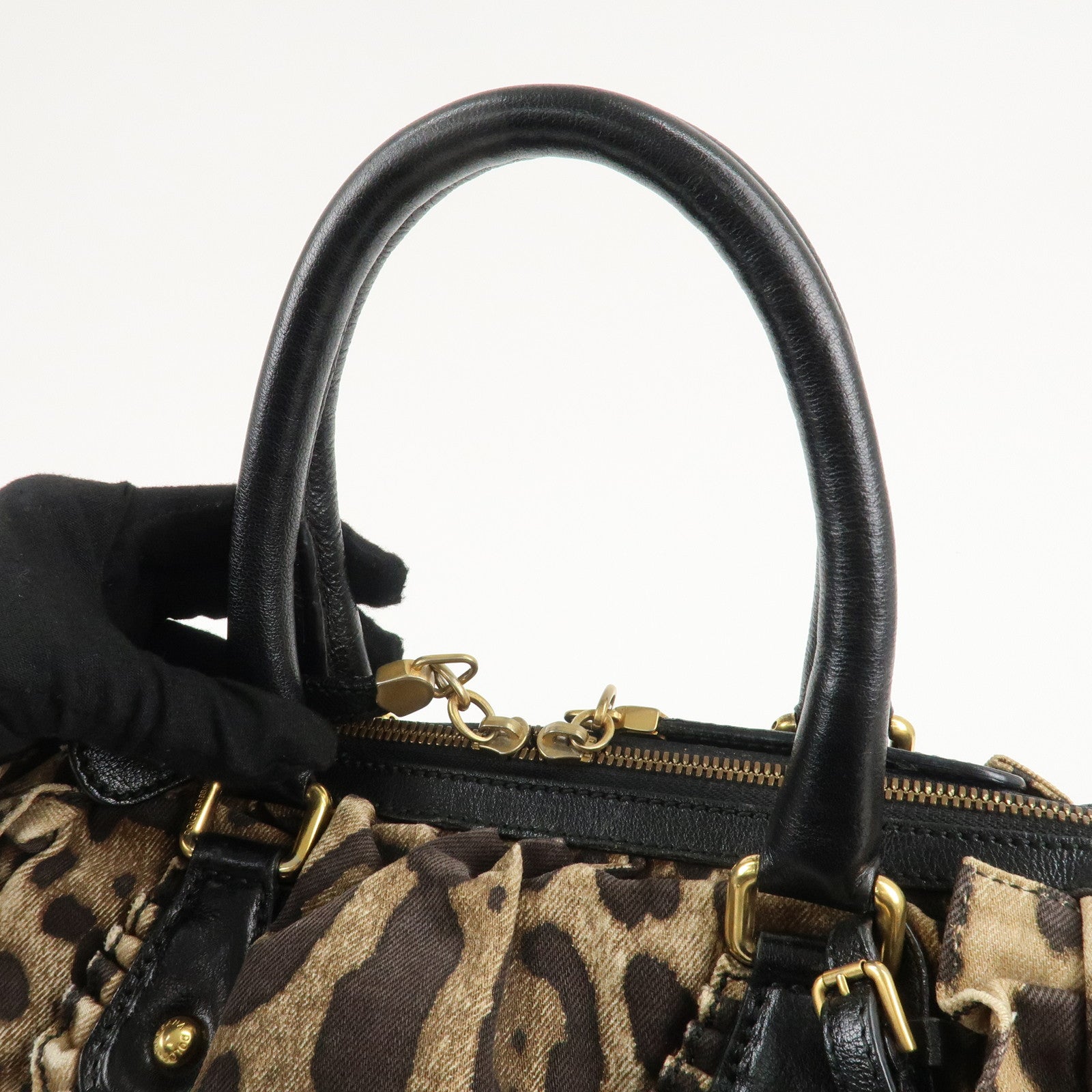 Dolce&Gabbana Canvas Leather Leopard Hand Bag Brown Black Used