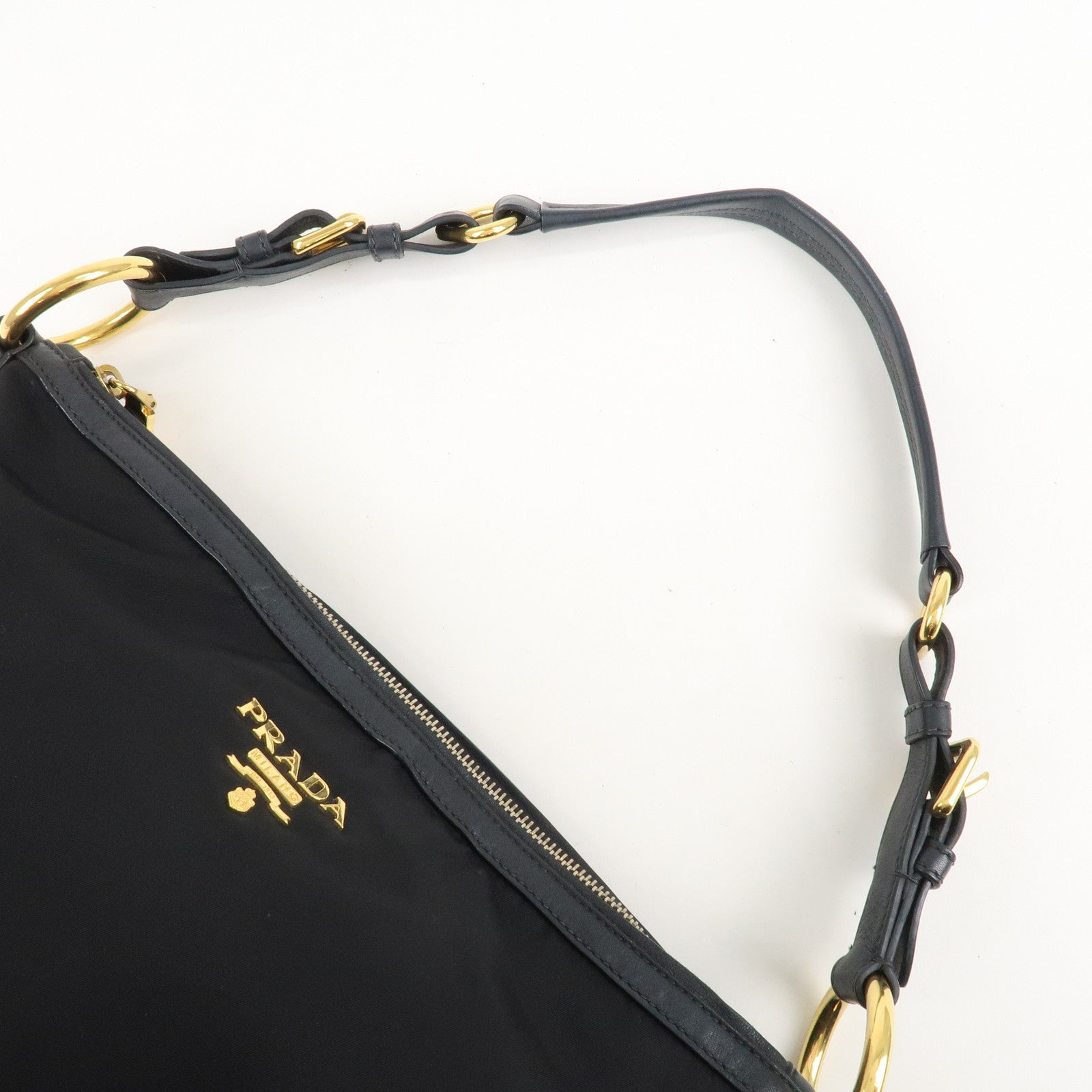 PRADA Nylon Leather Shoulder Bag Black Gold Hardware