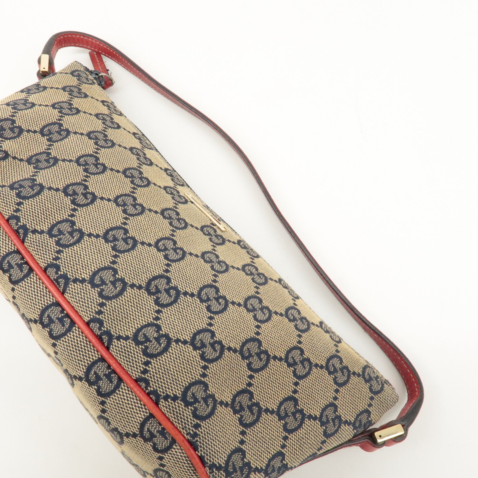 GUCCI Boat Bag GG Canvas Leather Bag Pouch Beige Navy Red 7198