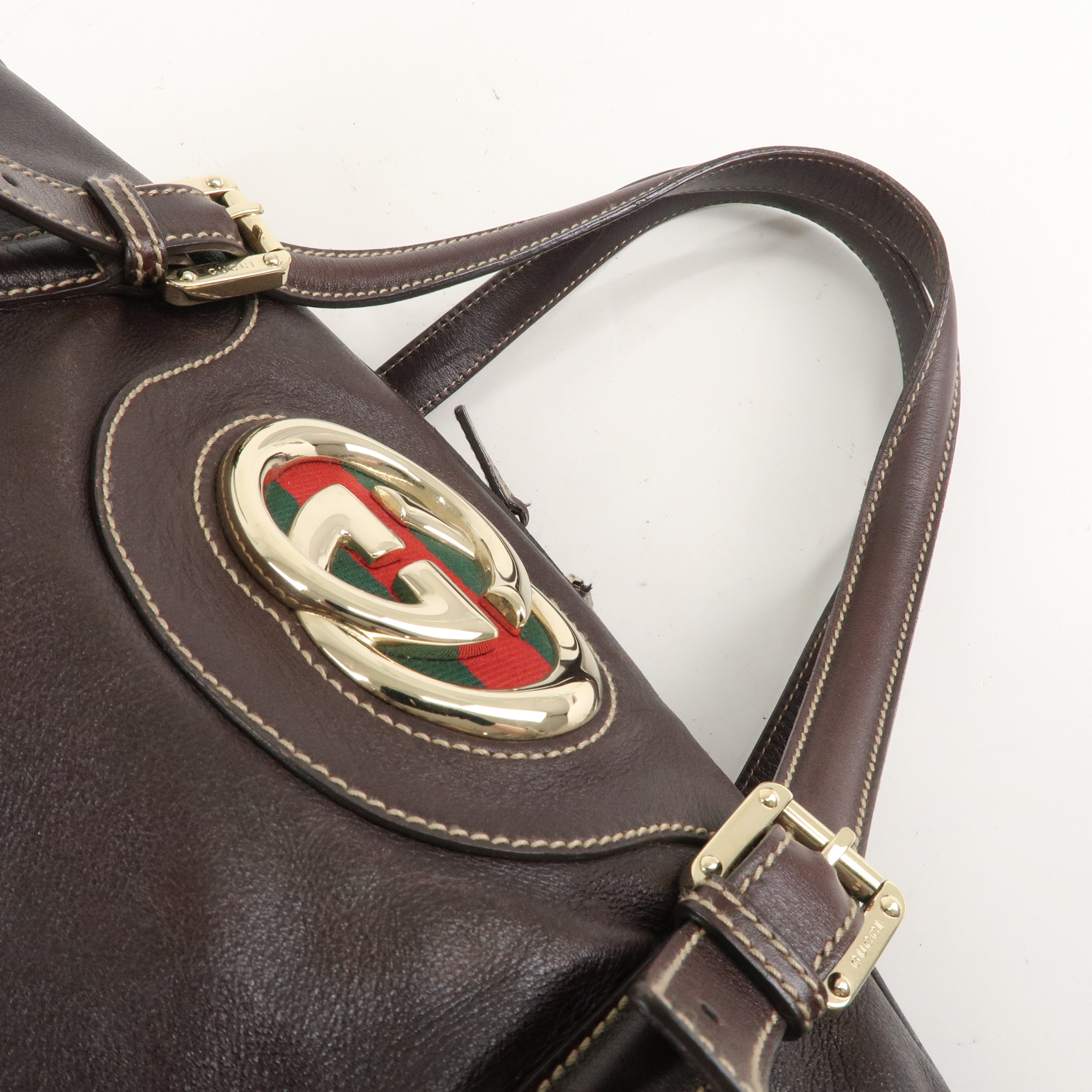 GUCCI Sherry Interlocking G Leather Boston Bag Brown 175401