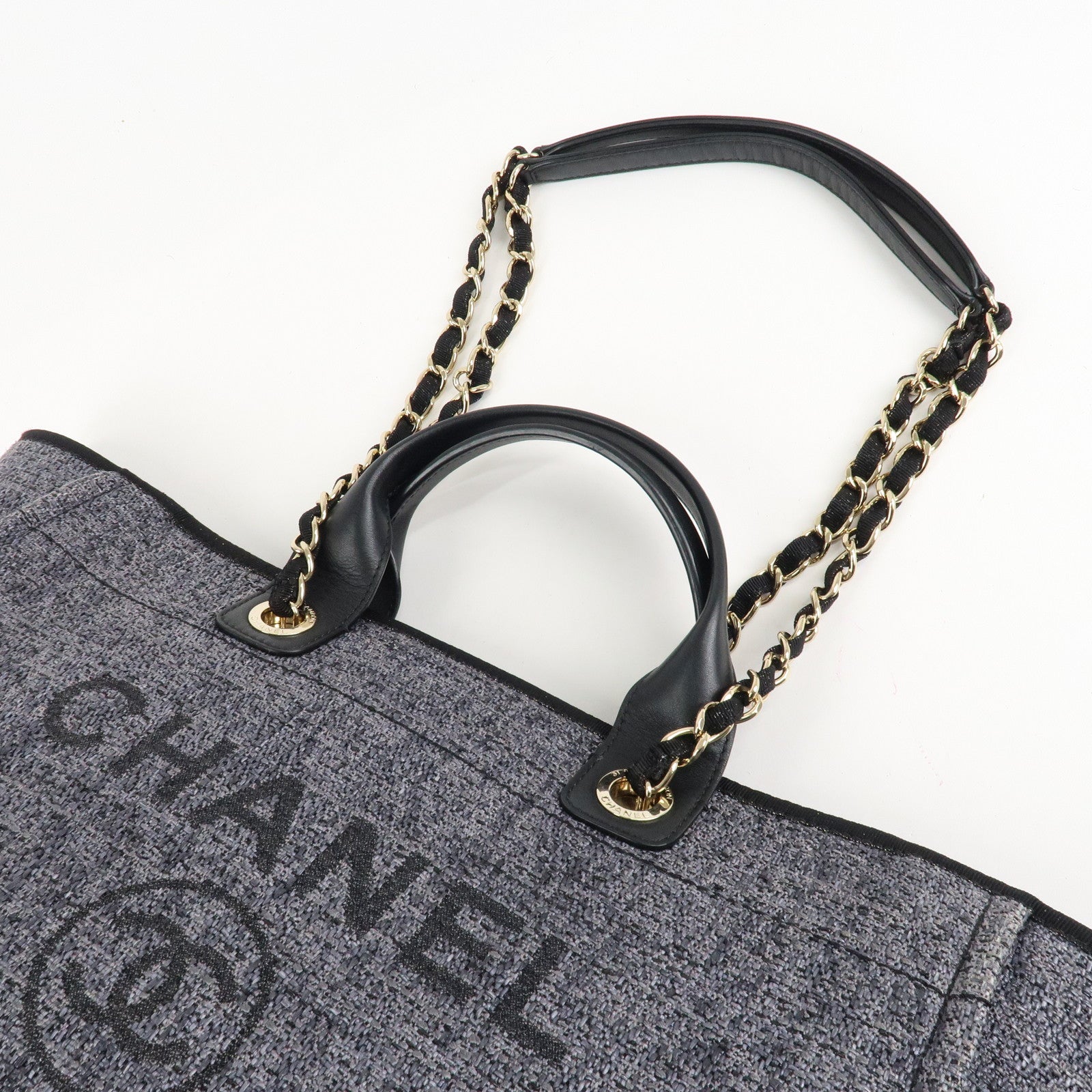 CHANEL Deauville Raffia Leather Chain Tote Bag GM A66941 Navy