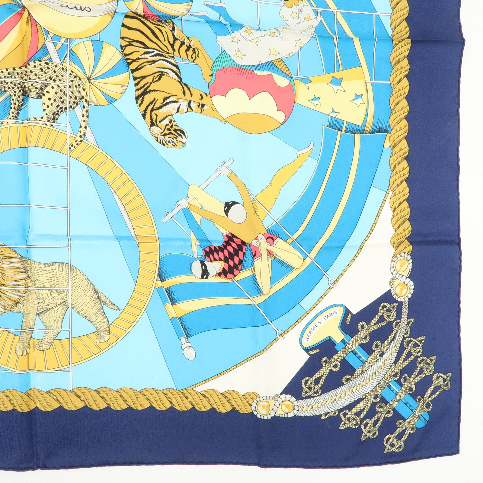 HERMES Carre 90 Silk 100%  Scarf Circus Blue Navy Gold Used