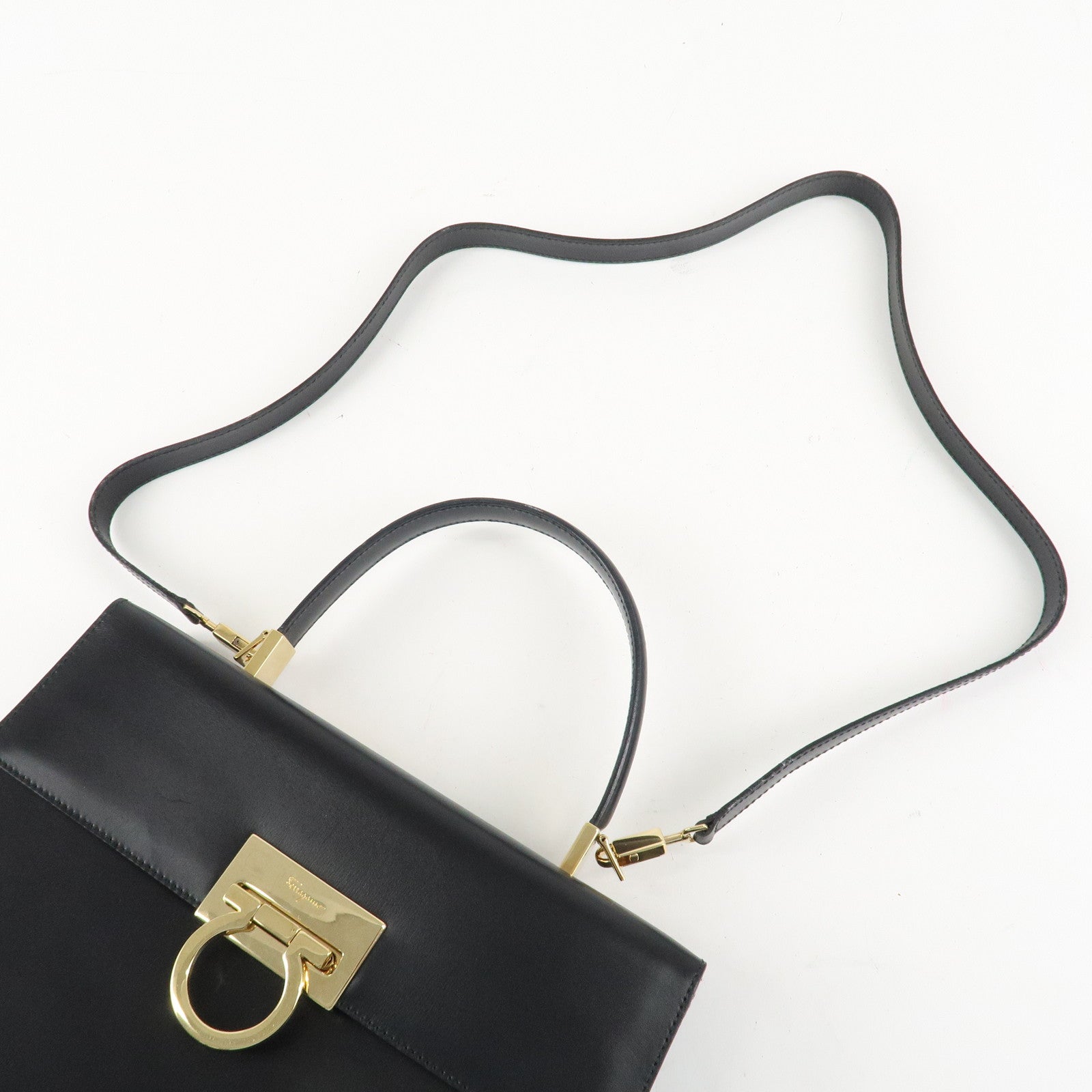 Ferragamo Leather Gancini 2Way Hand Shoulder Bag Black AT210536