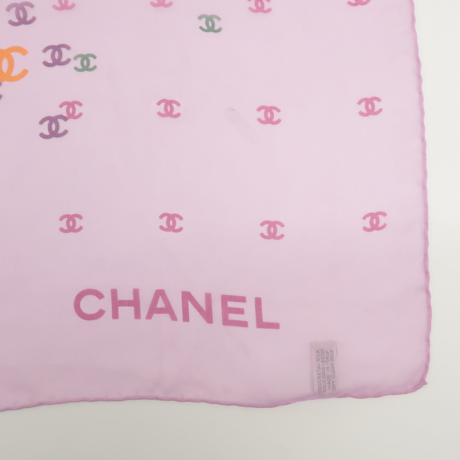 CHANEL 100% Silk Coco Mark Stole Pink Multi Color Used