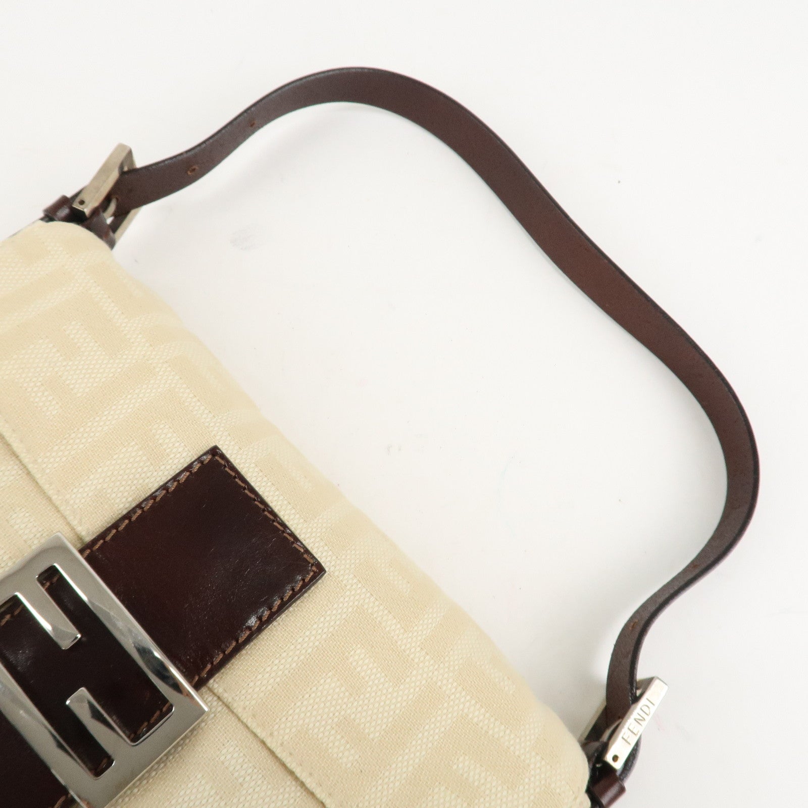 FENDI Mamma Baguette Zucca Canvas Leather Shoulder Bag Beige 26424