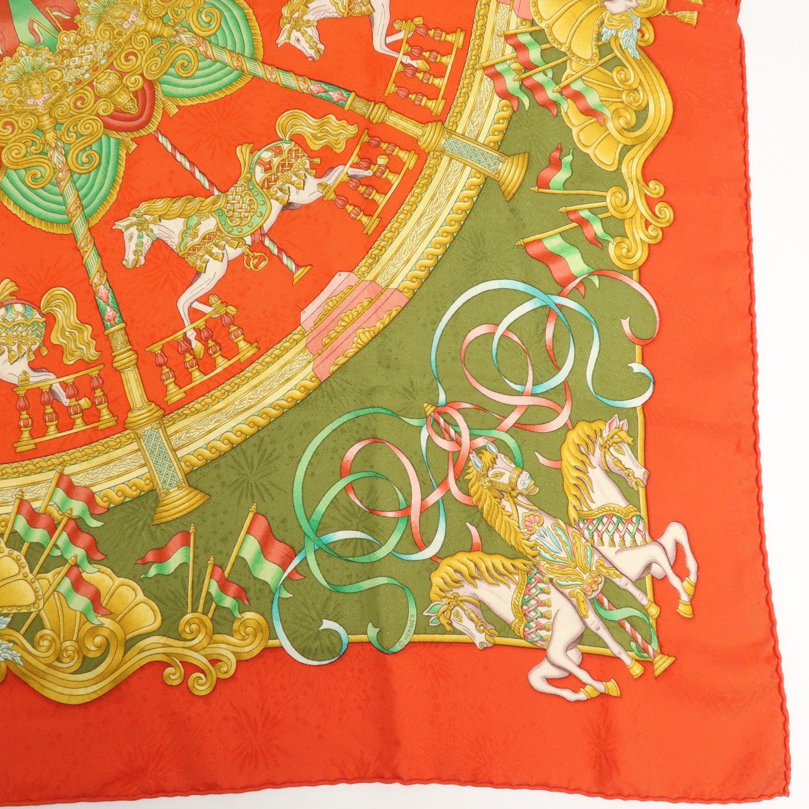 HERMES Carre 90 Silk 100% Scarf Luna Park Red Gold Green Used