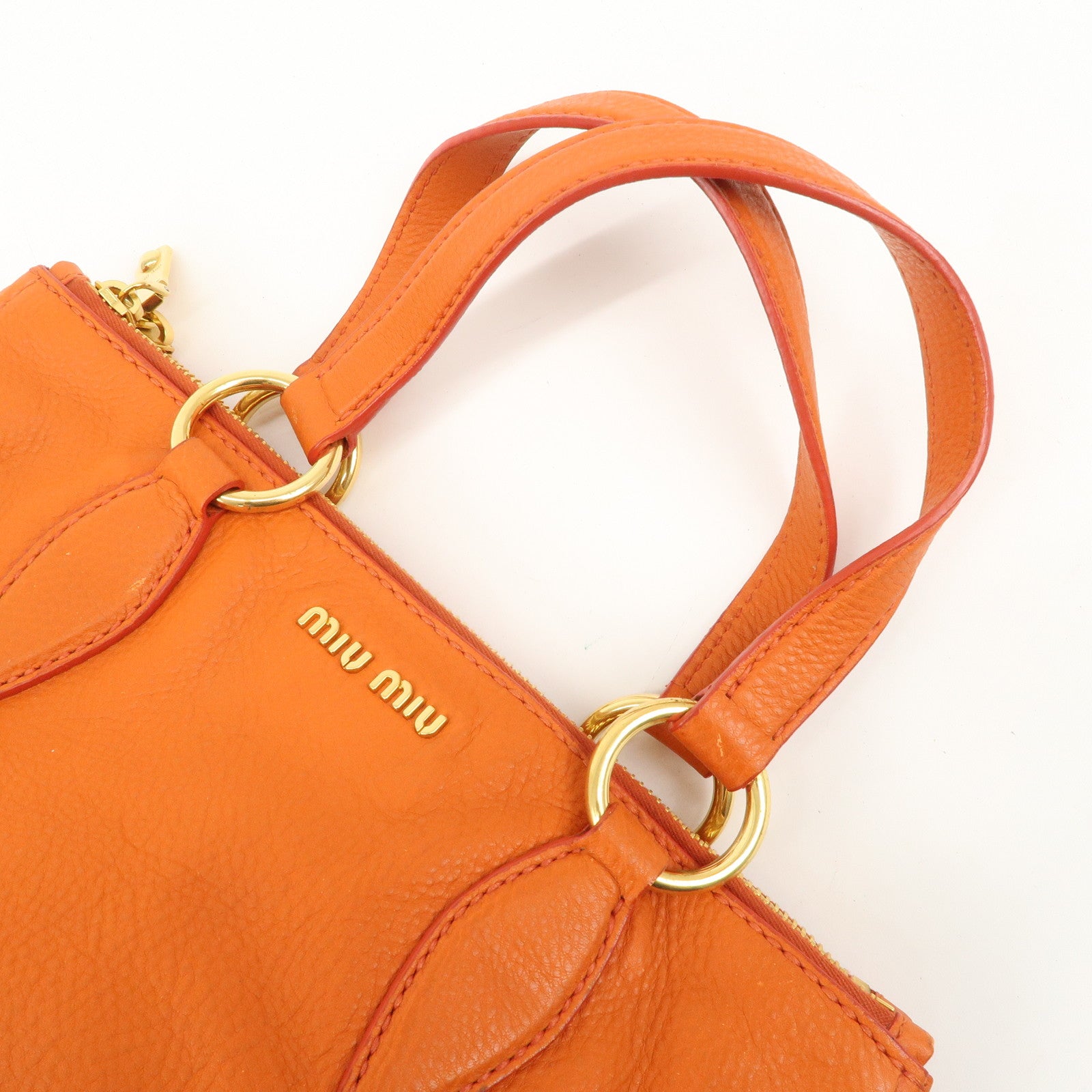 MIU MIU Leather Tote Bag Gold Logo Orange Gold Hardware Used