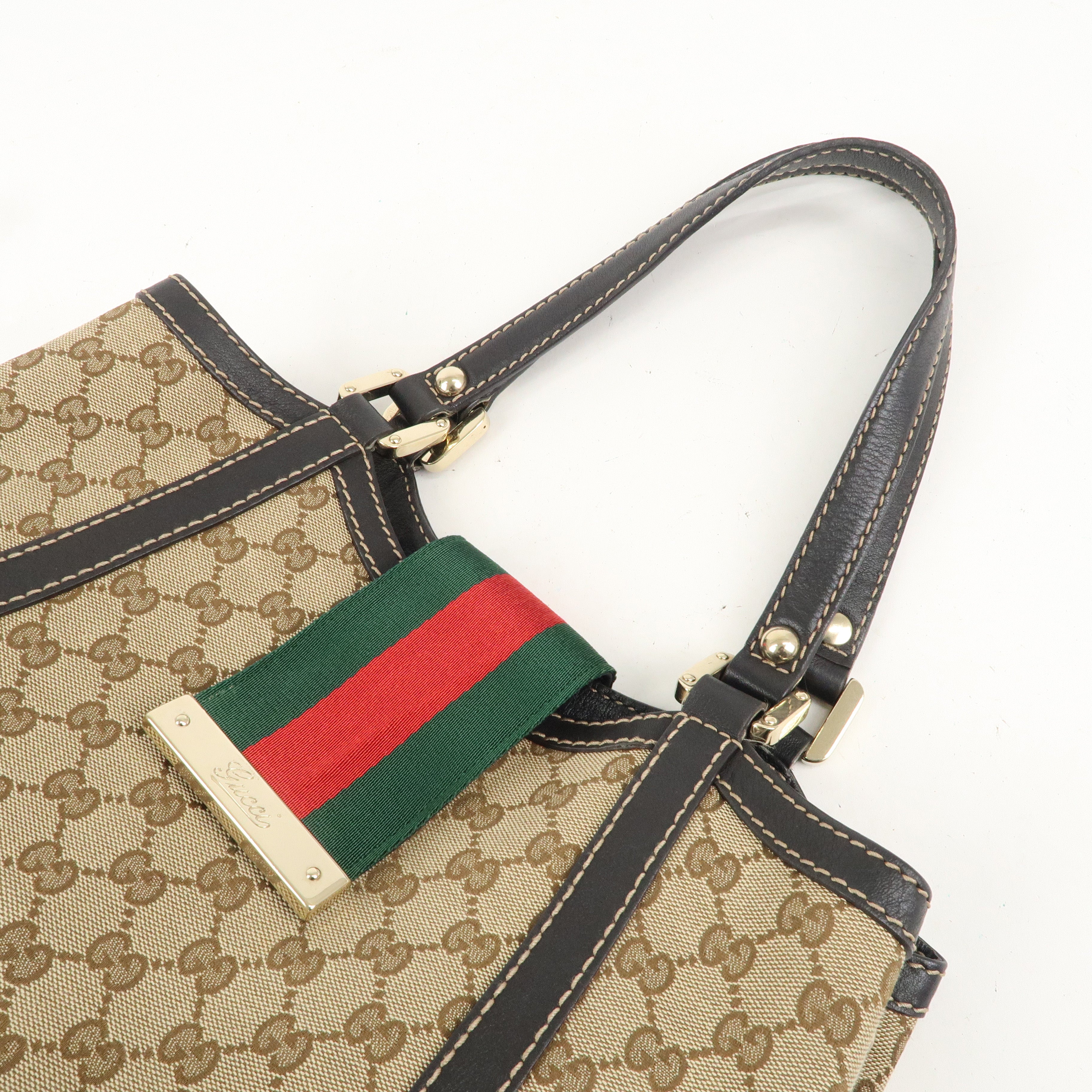 GUCCI Sherry GG Canvas Leather Tote Bag Beige Brown 233607