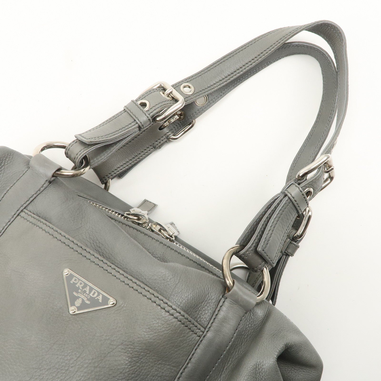 PRADA Leather Boston Bag Shoulder Bag Gray Silver Hardware Used