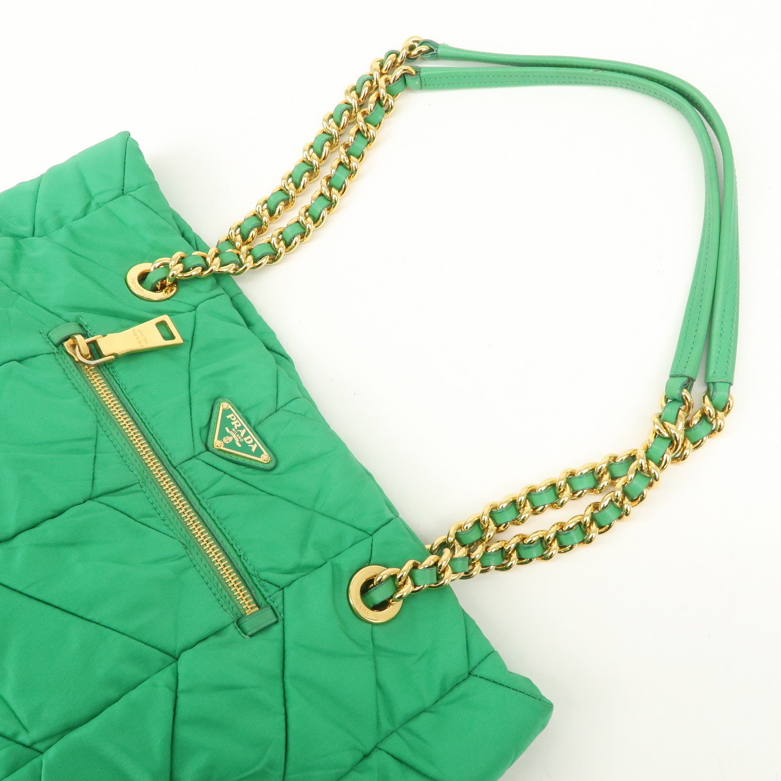 PRADA Triangle Logo Nylon Leather Chain Tote Bag Green BR4383 Used