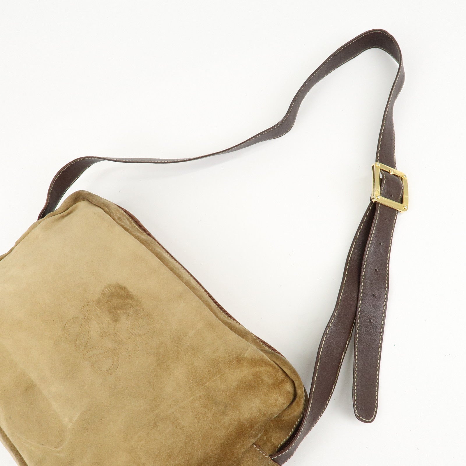 LOEWE Anagram Suede Leather Shoulder Bag Brown Gold Hardware Used