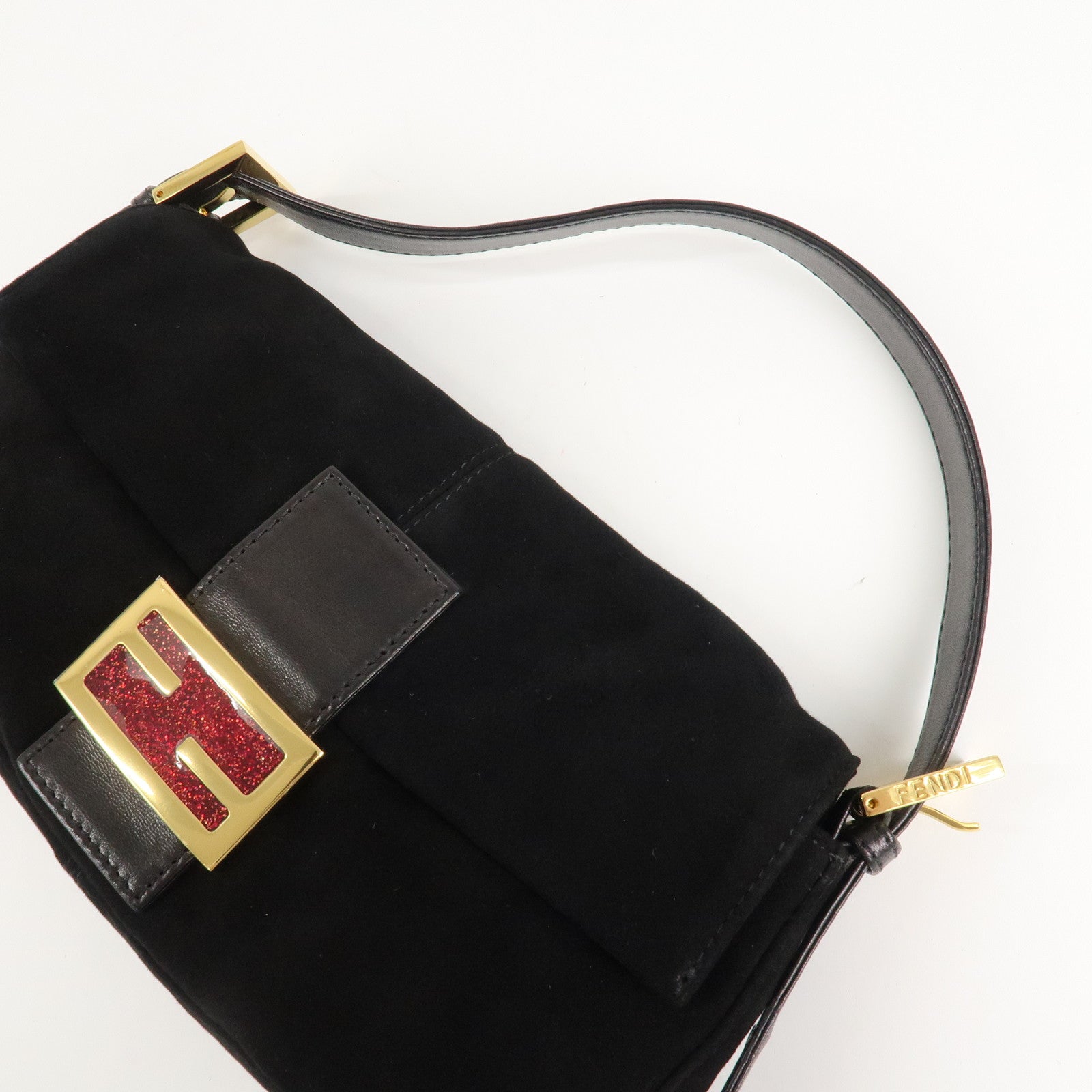 FENDI Mamma Baguette Suede Leather Shoulder Bag Black 26424 Used