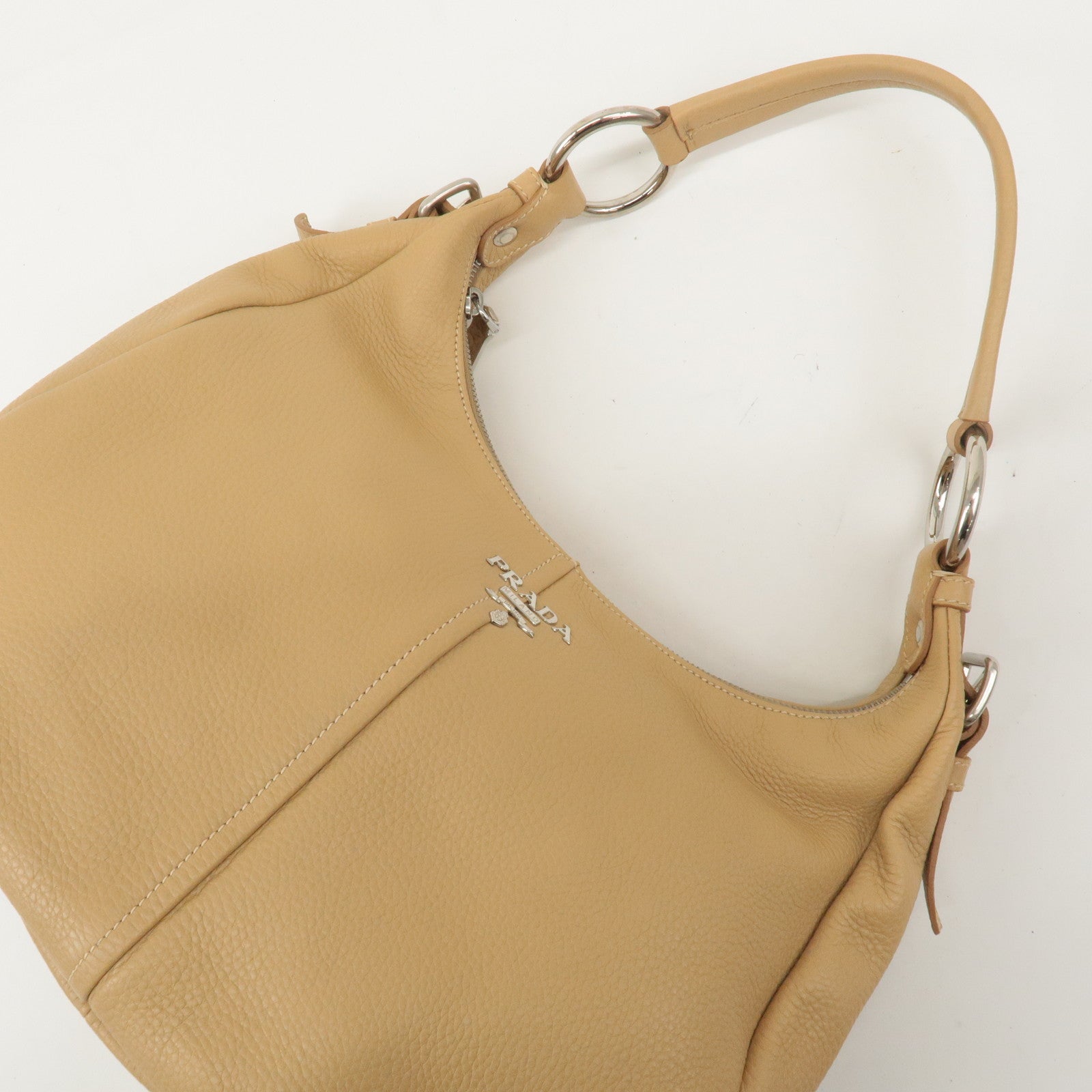 PRADA Logo Leather One Shoulder Bag Hand Bag Beige BR4373