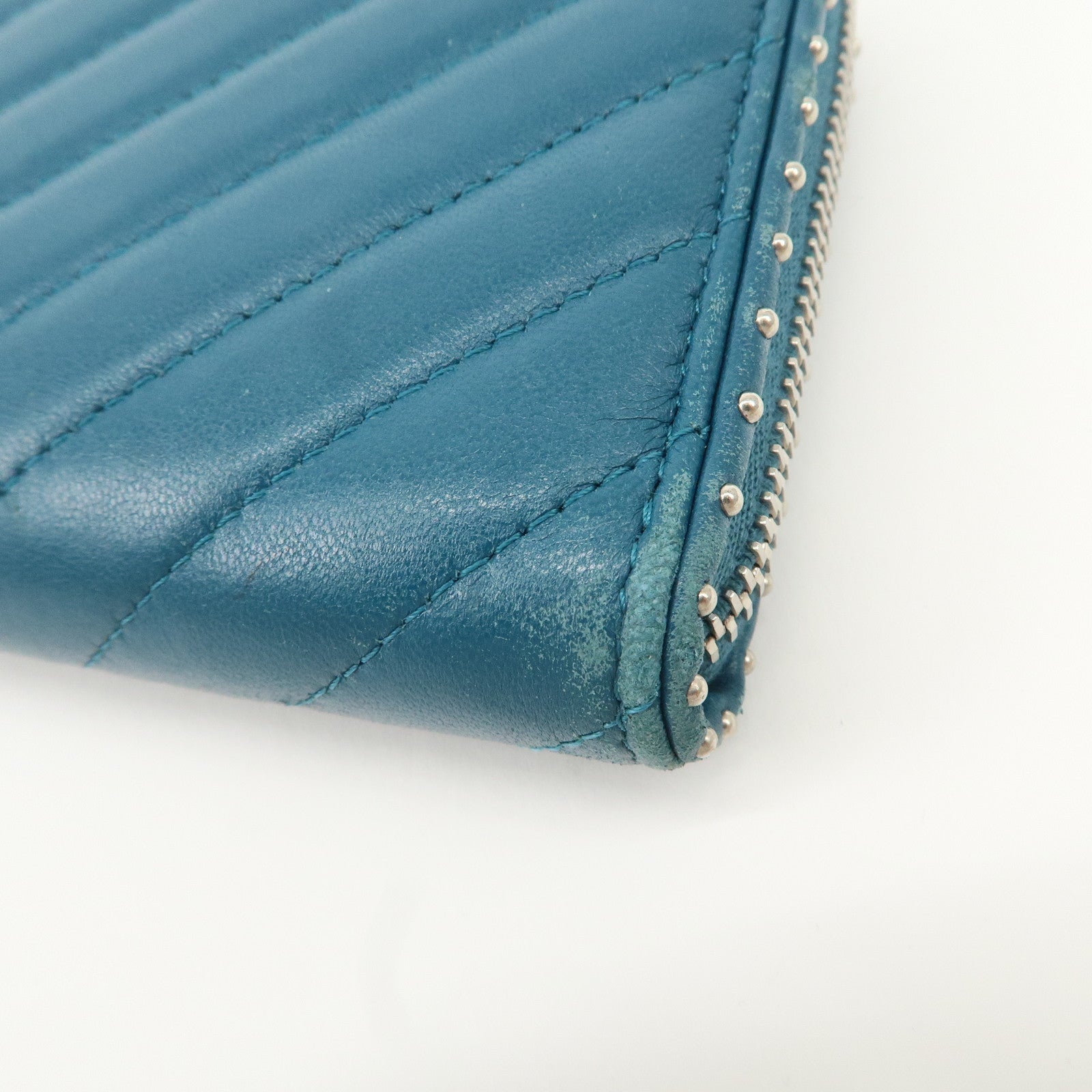 CHANEL V Stich Lamb Skin Coco Mark Studs Long Wallet Blue A50097 Used