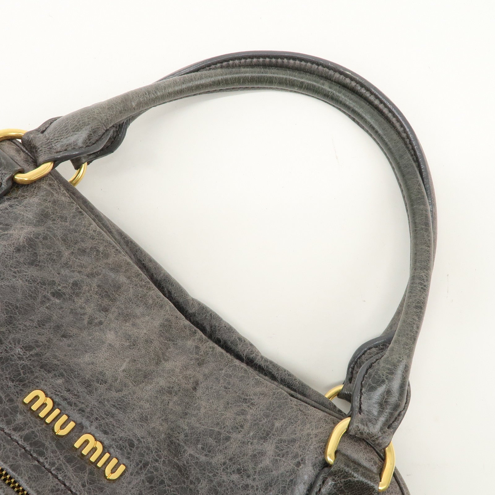 MIU MIU Leather Hand Bag Shoulder Bag Gray Gold Hardware Used