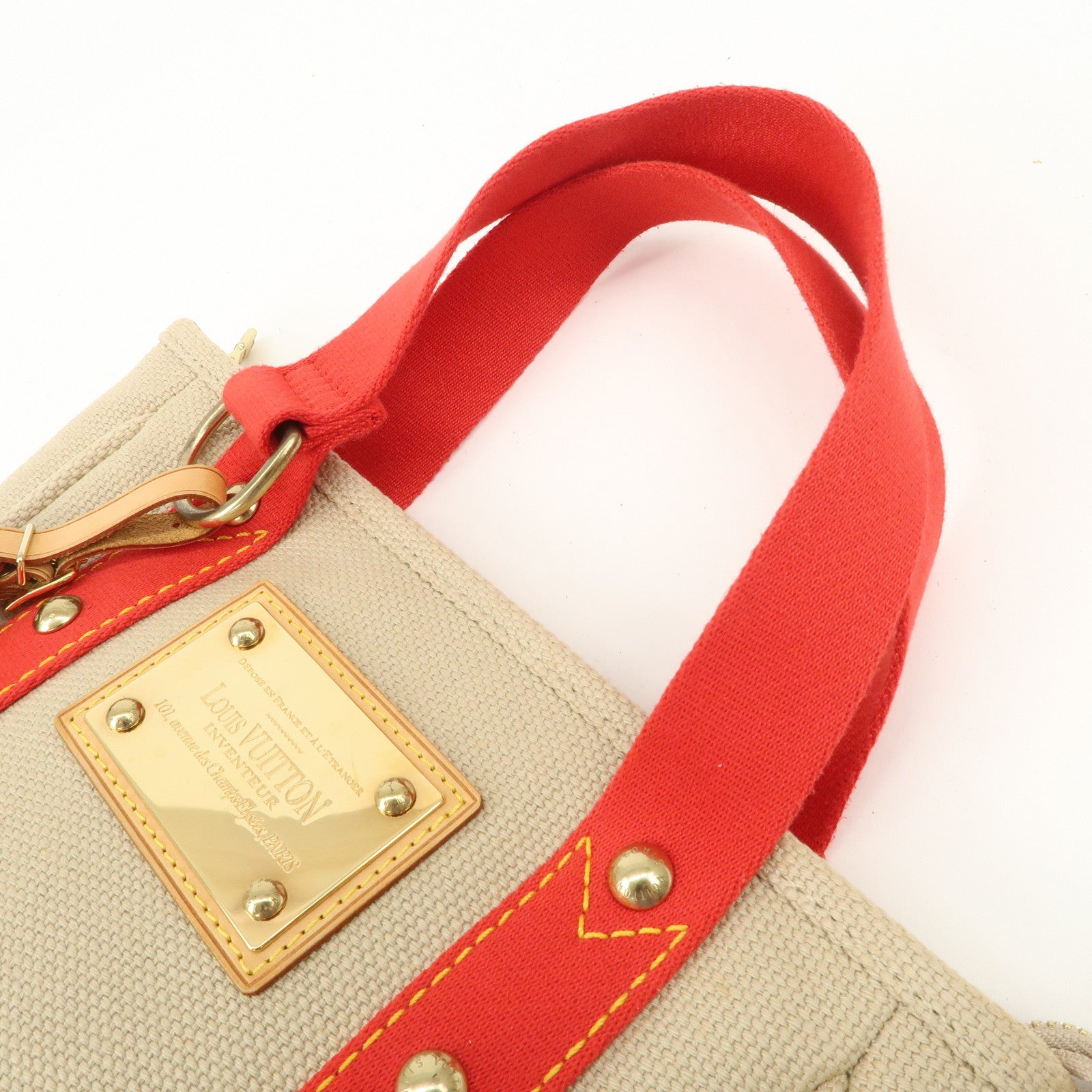 Louis Vuitton Antigua Cabas PM Tote Bag Hand Bag Beige Red M40088