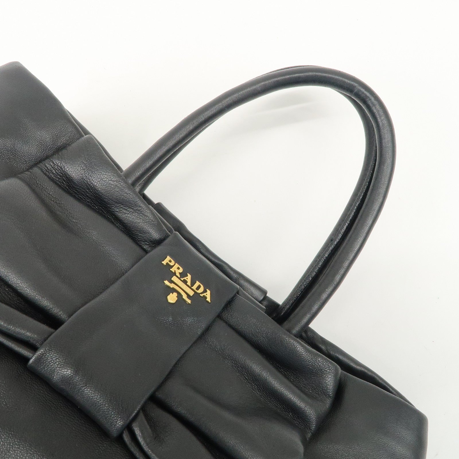 PRADA Leather Ribbon Tote Bag Hand Bag NERO Black BN1601 Used