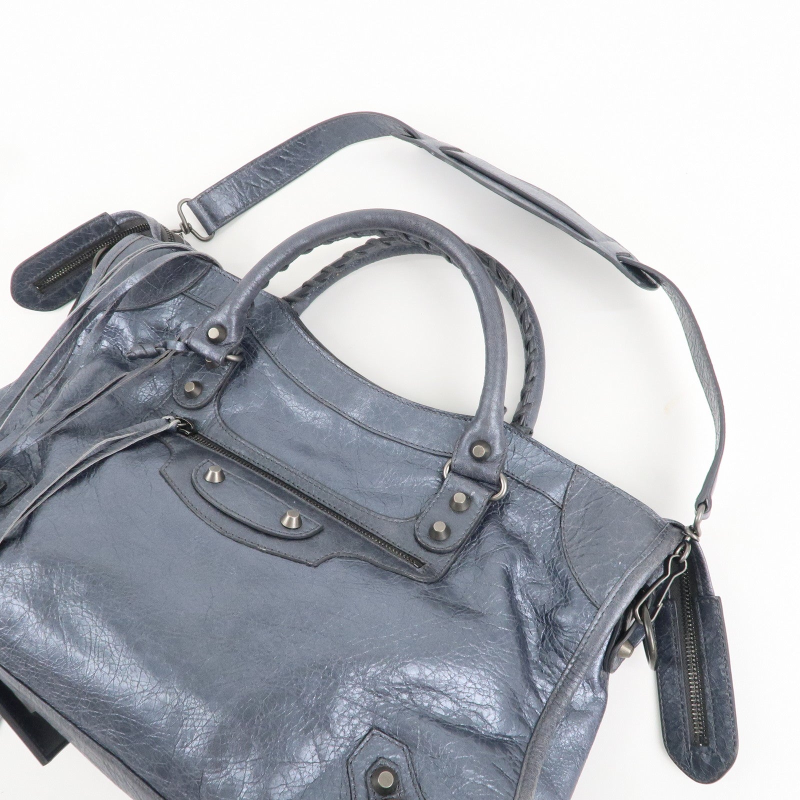 BALENCIAGA The City Leather 2Way Hand Bag Metallic Blue 115748