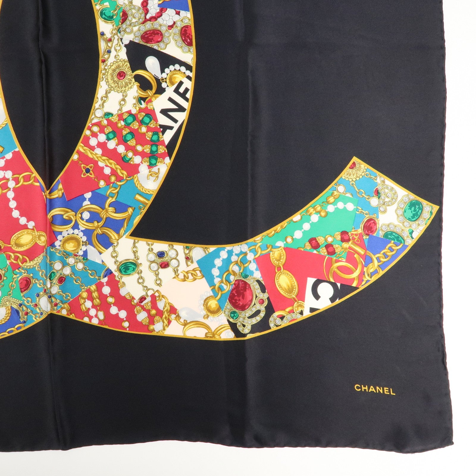 CHANEL Silk 100 % Scarf COCO Mark Black Multicolor Used