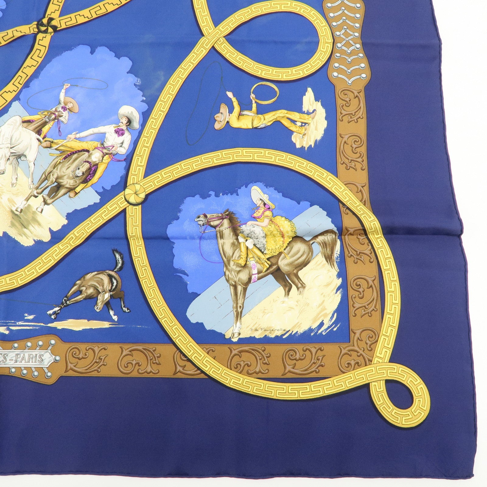 HERMES Carre 90 100% Silk Scarf Bandana CHARREADA Blue Brown Used