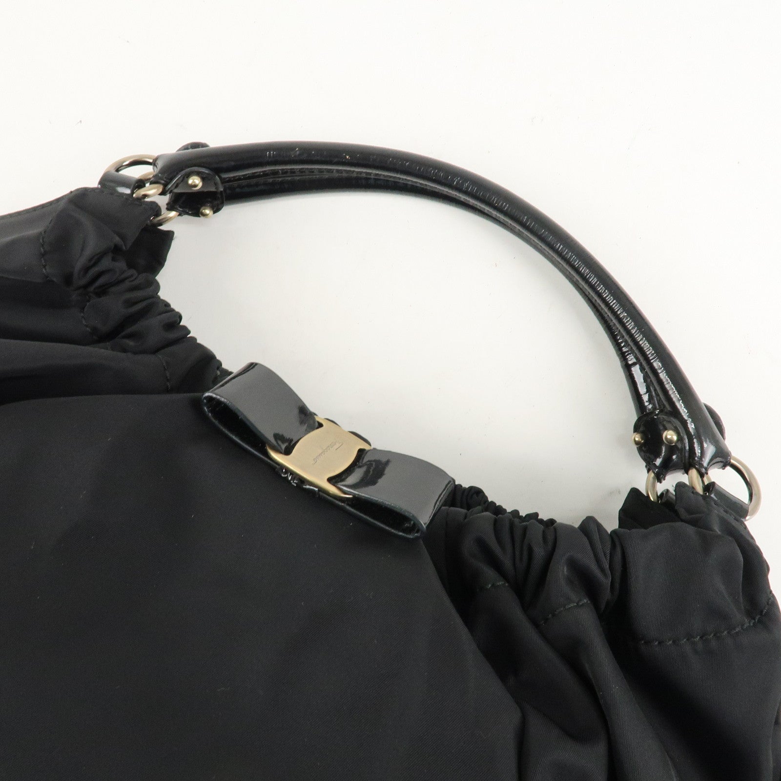 Ferragamo Nylon Patent Leather Shoulder Bag Hand Bag Black