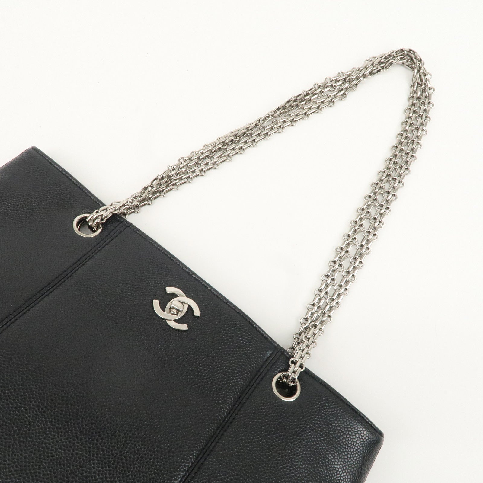 CHANEL Caviar Skin Chain Tote Bag Shoulder Black Silver HDW